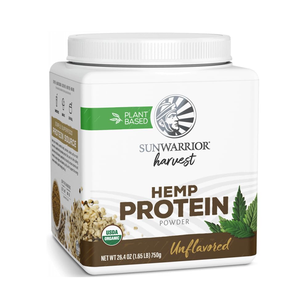 Sunwarrior envase frontal de proteína de cáñamo mostrando diseño y tamaño, aporta nutrición limpia
