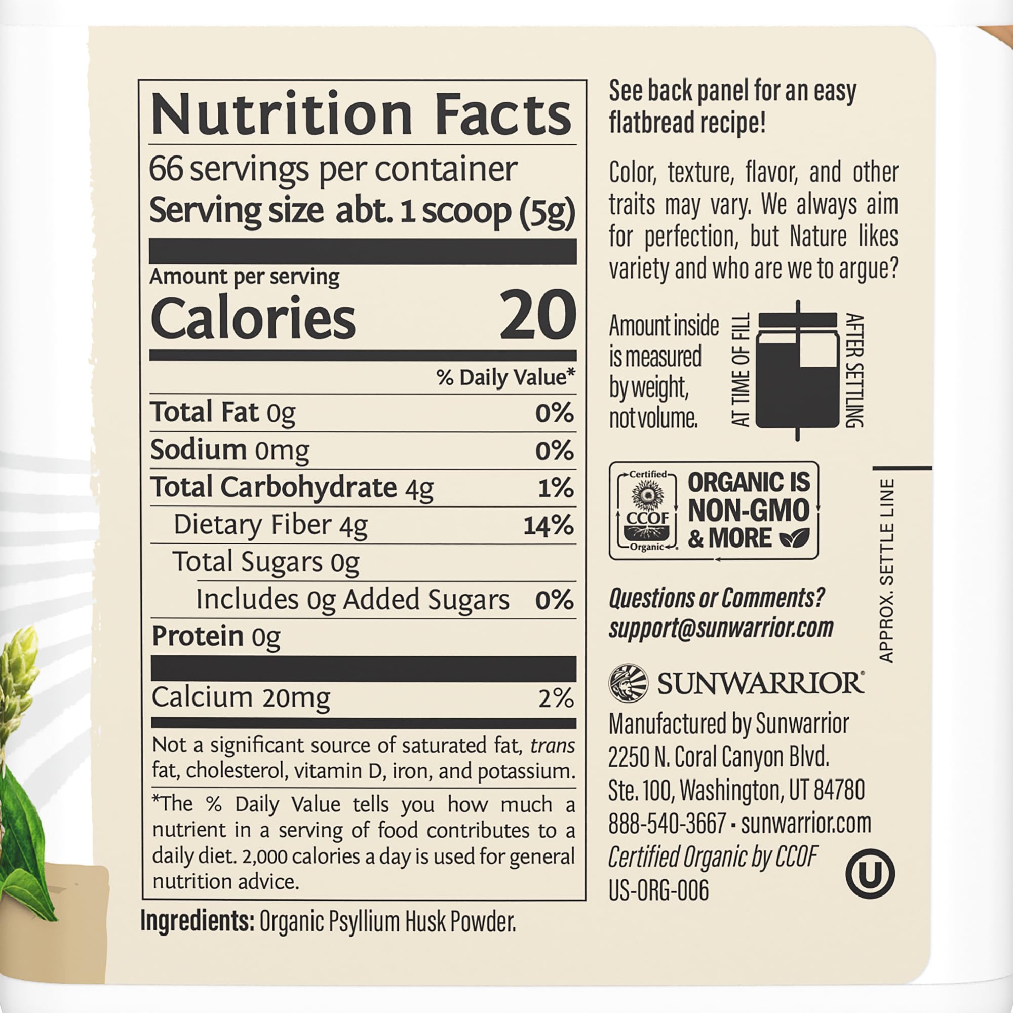 Sunwarrior textura cercana del polvo de psyllium husk para ver la fineza
