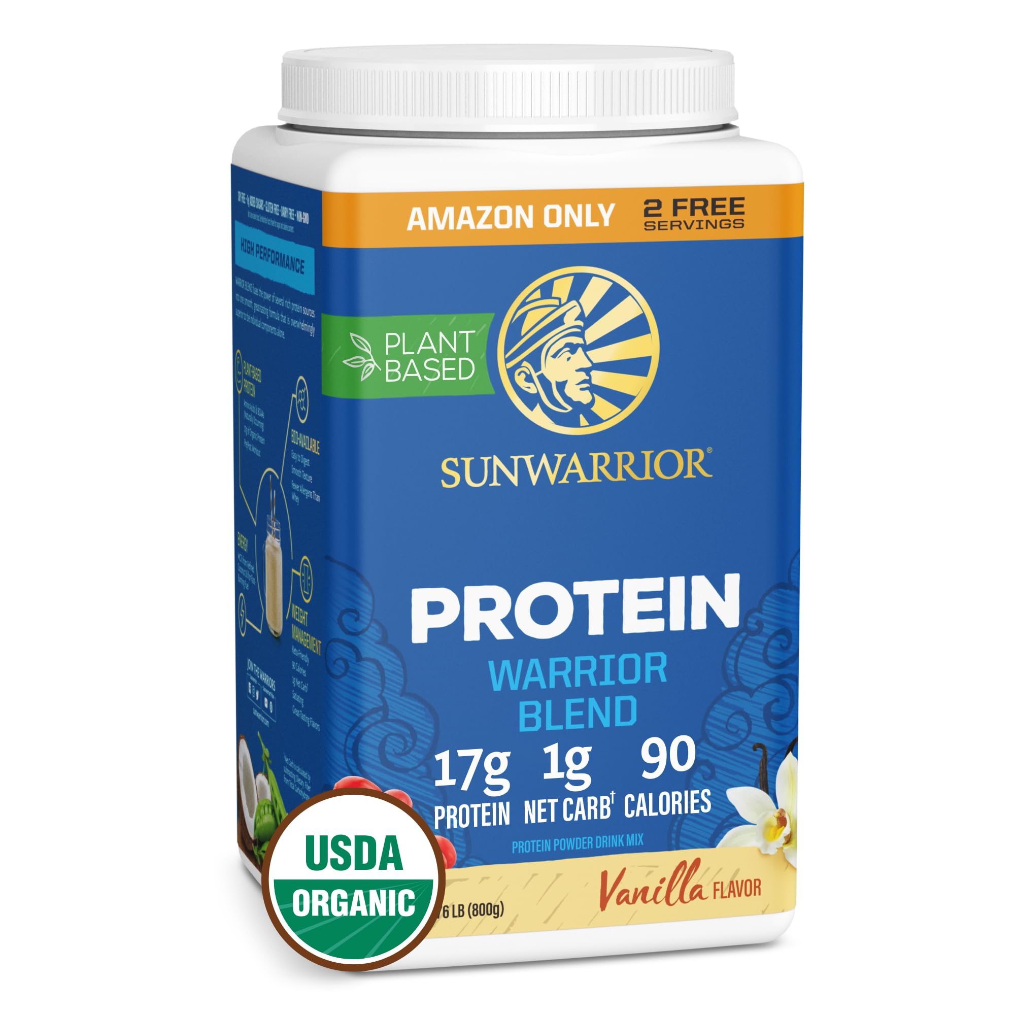 Sunwarrior envase frontal vainilla, muestra calidad orgánica y claridad de ingredientes