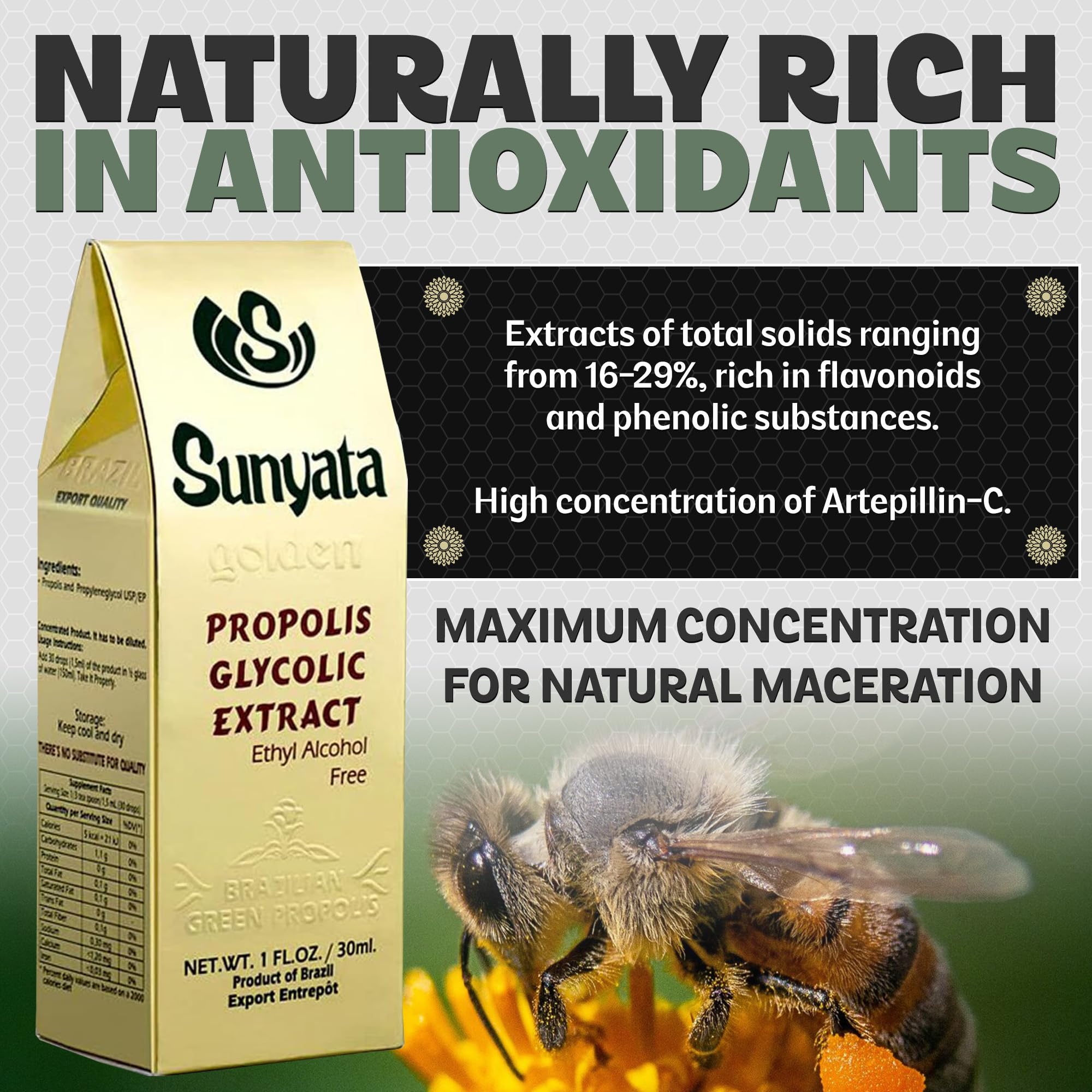 Sunyata etiqueta en primer plano con información de ingrediente y origen