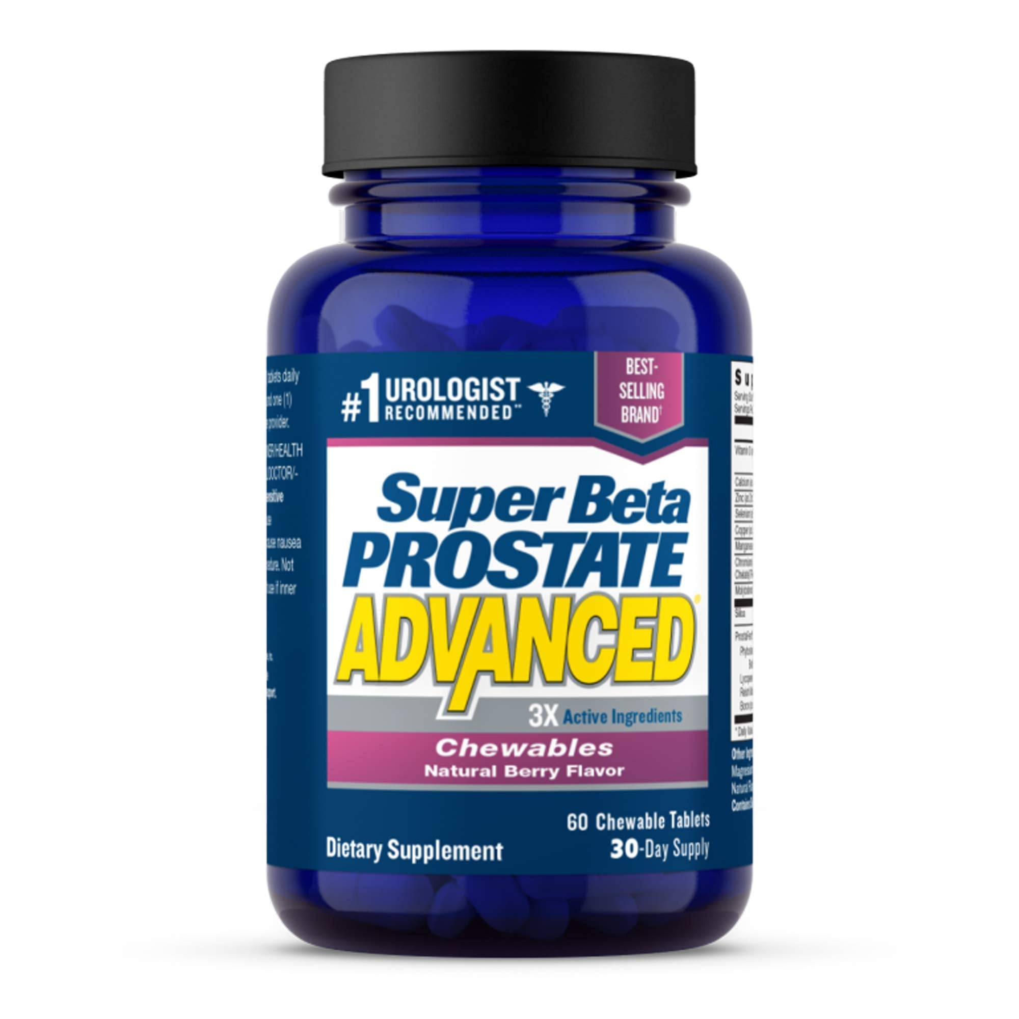 SUPER BETA PROSTATE frente del envase mostrando 60 masticables para apoyo prostático