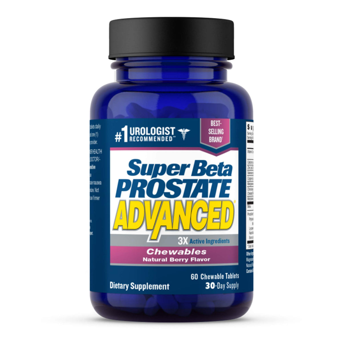 SUPER BETA PROSTATE frente del envase mostrando 60 masticables para apoyo prostático