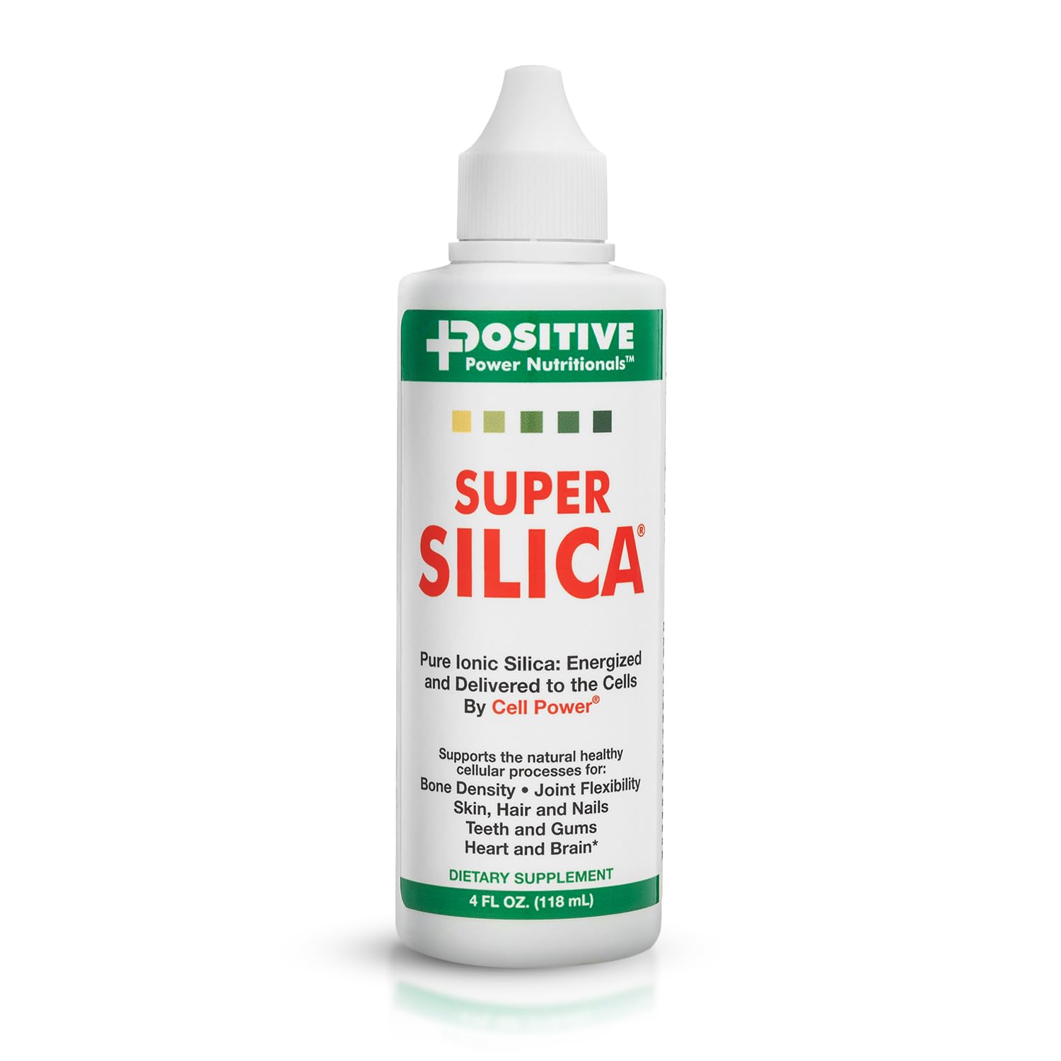 Super Silica frontal del envase mostrando botella y etiqueta, beneficio de dosificación práctica