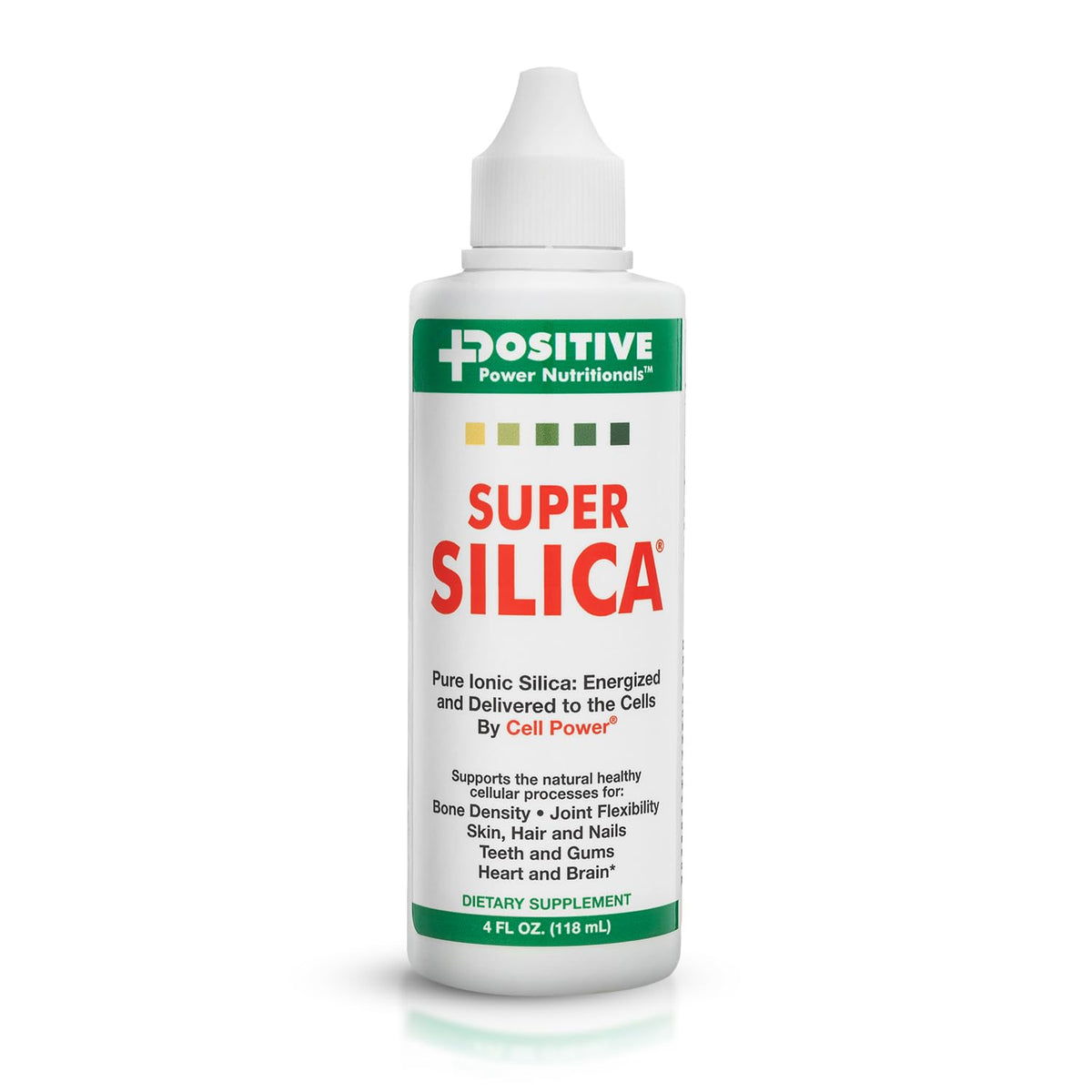 Super Silica frontal del envase mostrando botella y etiqueta, beneficio de dosificación práctica
