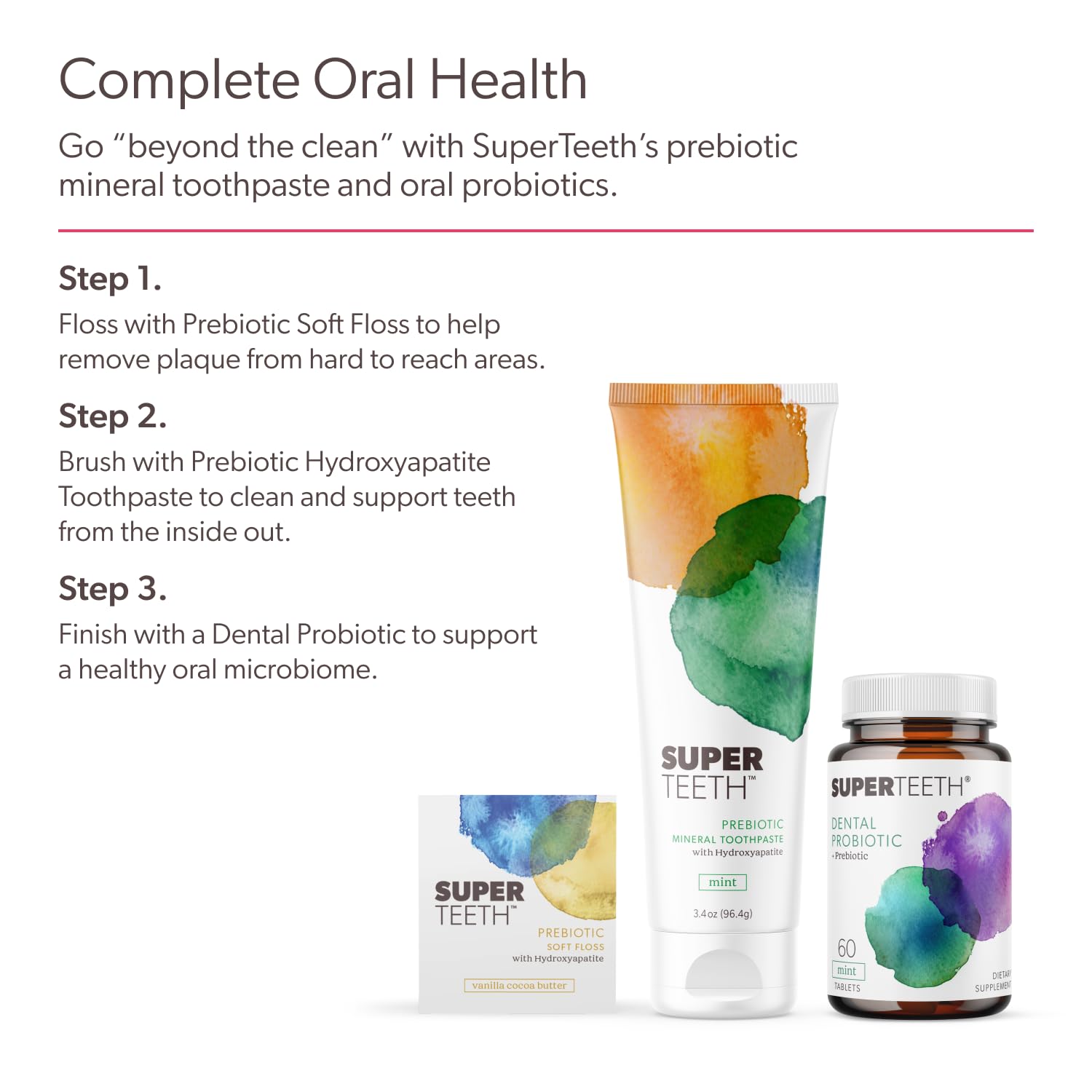 SUPER TEETH etiqueta de ingredientes que muestra cepas probióticas clave