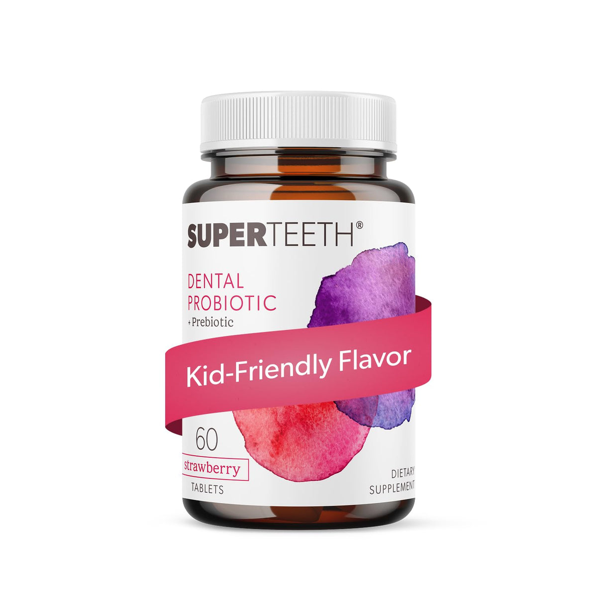 SUPER TEETH empaque frontal mostrando 60 tabletas y beneficio de aliento fresco