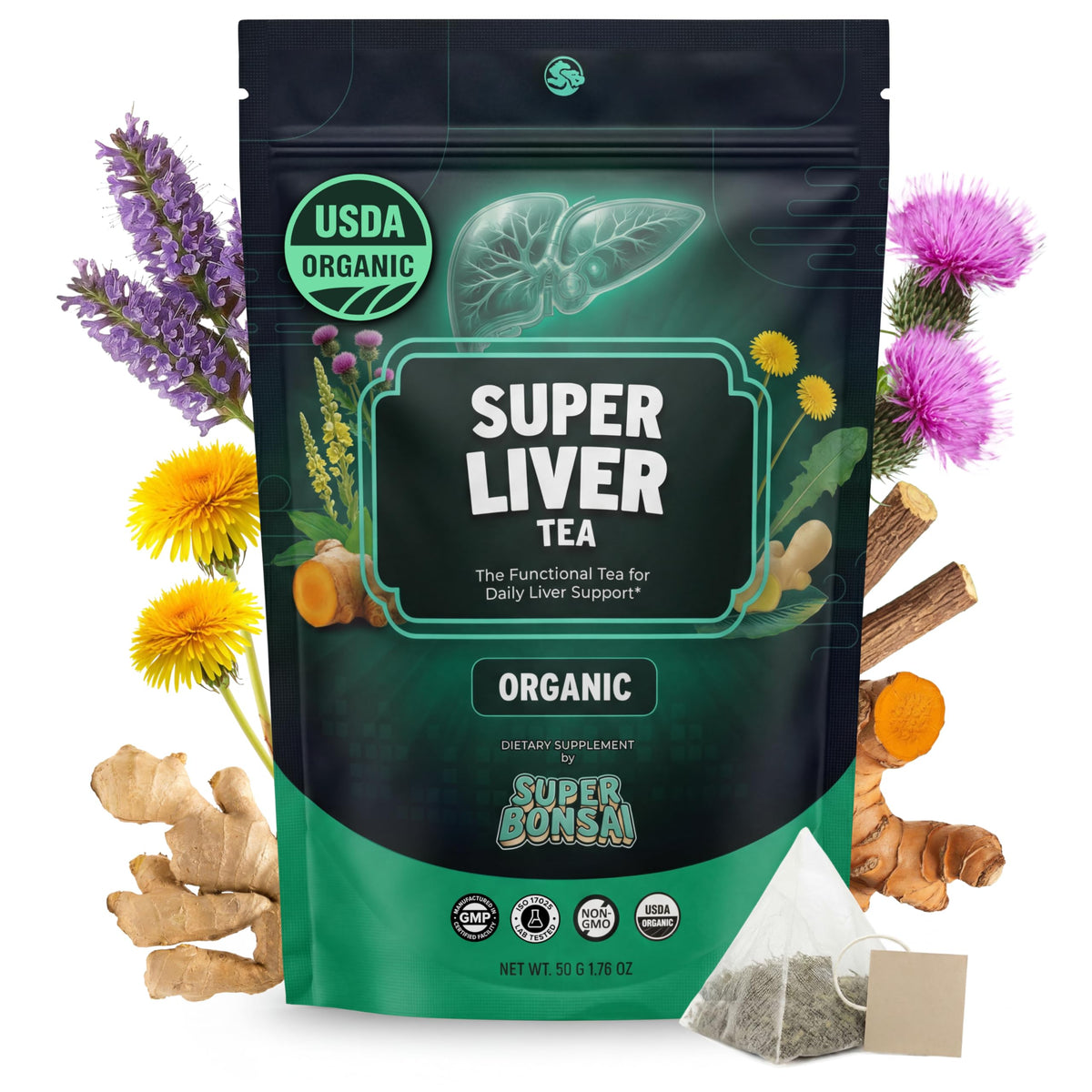 SuperBonsai embalaje frontal mostrando 20 bolsitas y beneficios claros