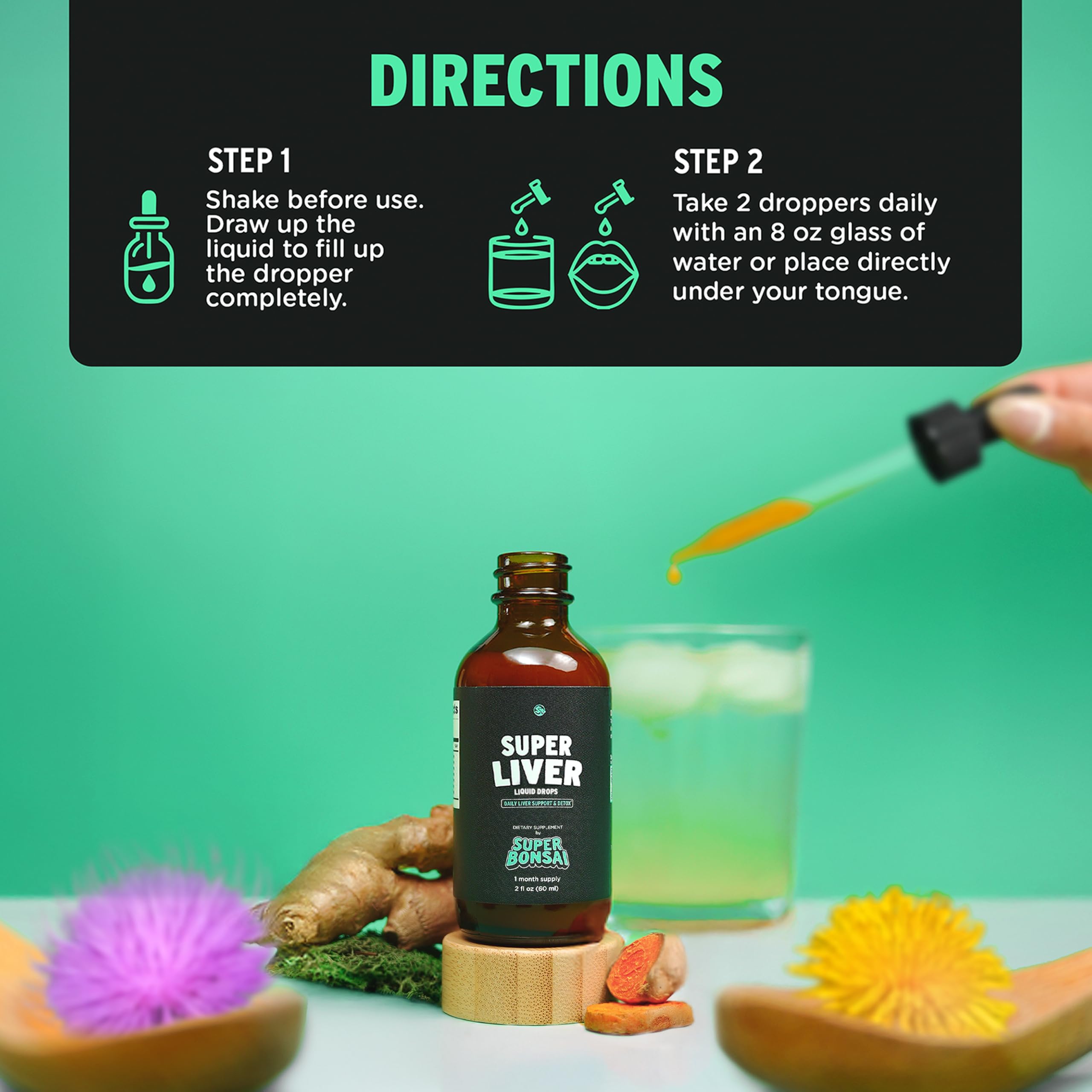 SuperBonsai Super Liver detalle de etiqueta que destaca ingredientes clave