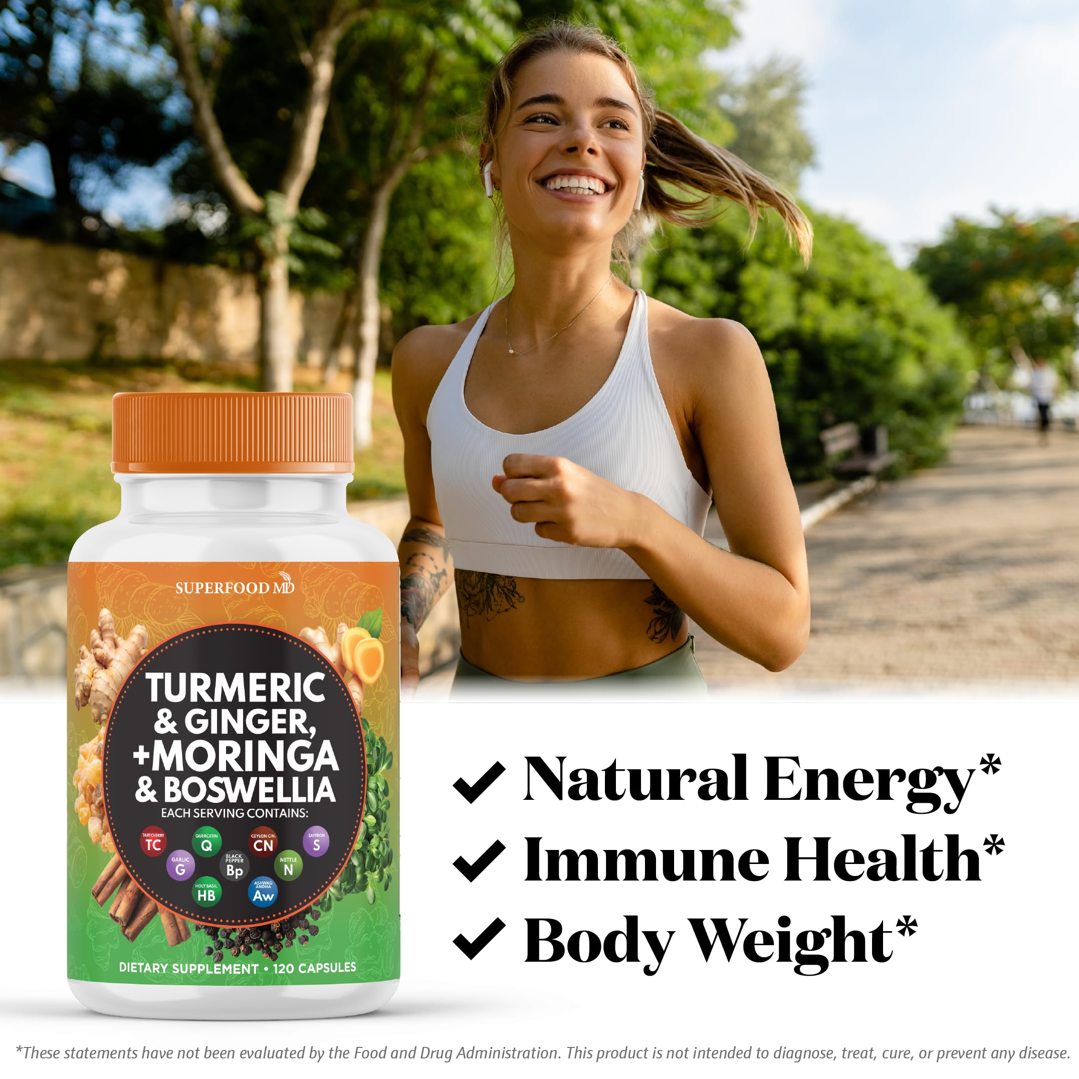 Superfood MD frasco abierto con cápsulas mostrando cantidad y suministro