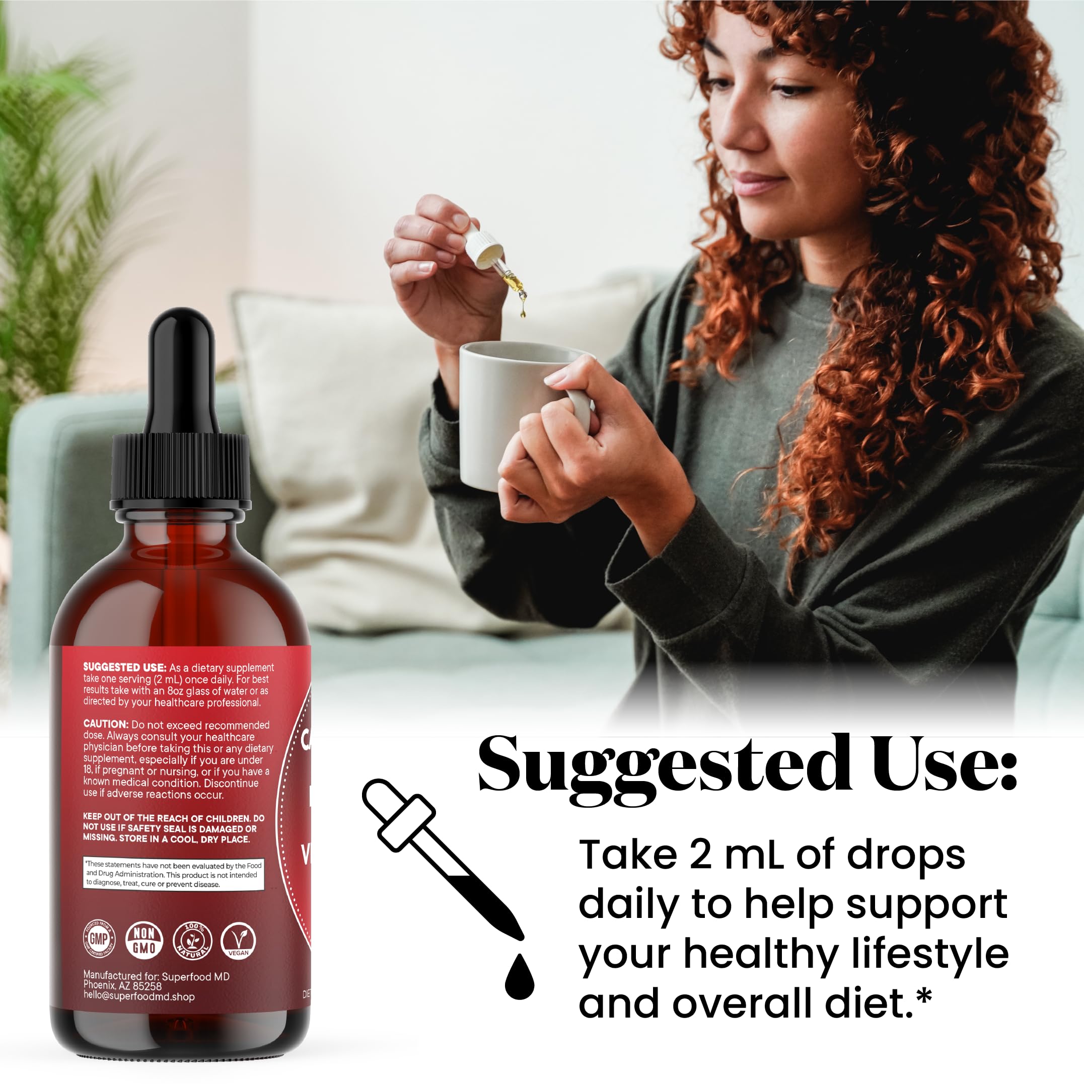 Superfood MD botella junto a regla para comparar tamaño y durabilidad