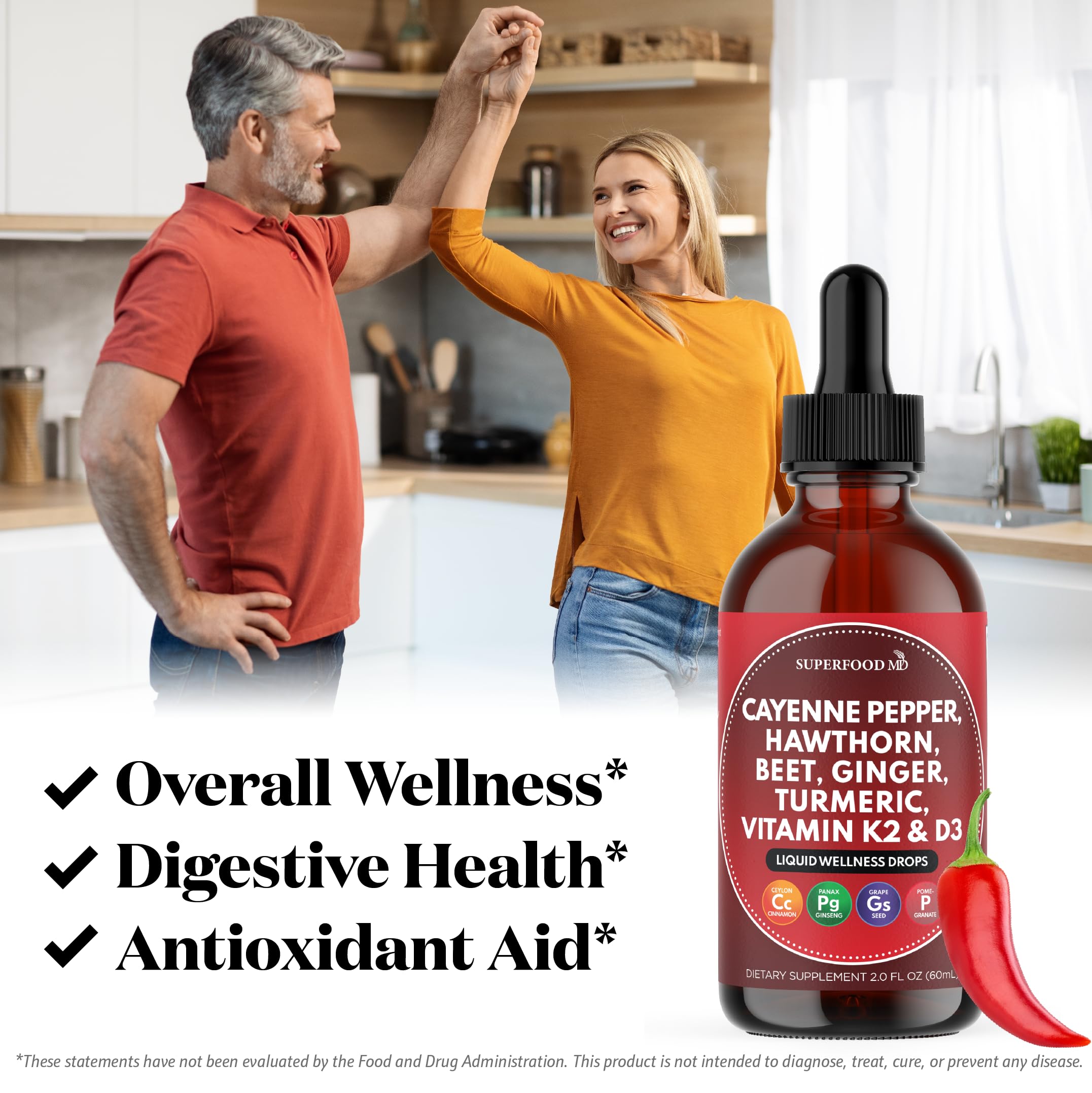 Superfood MD etiqueta de ingredientes destacando D3, K2 y extractos orgánicos