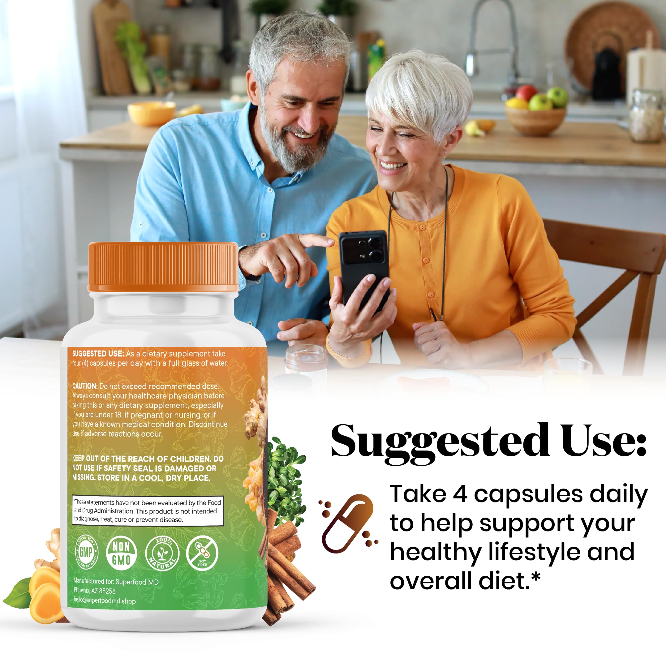 Superfood MD envase junto a alimentos sugeridos para uso diario