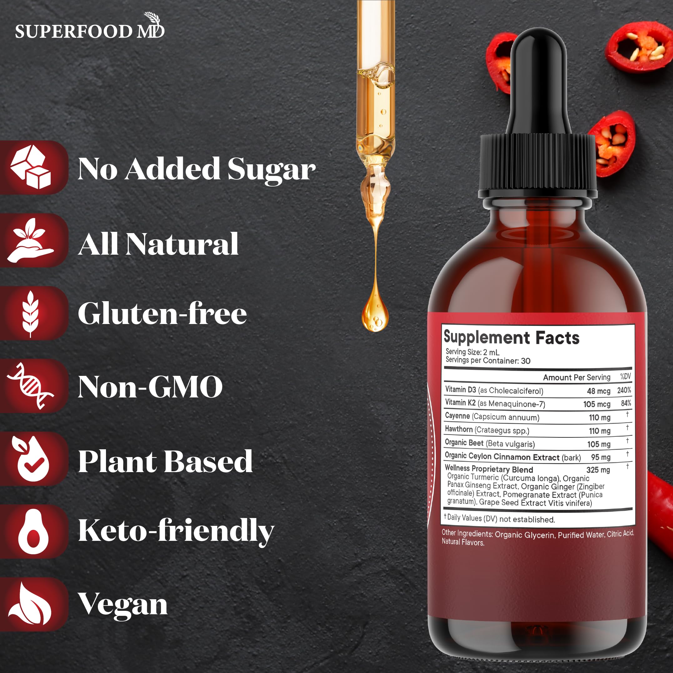 Superfood MD gotas vertidas en un vaso demostrando uso en bebida diaria
