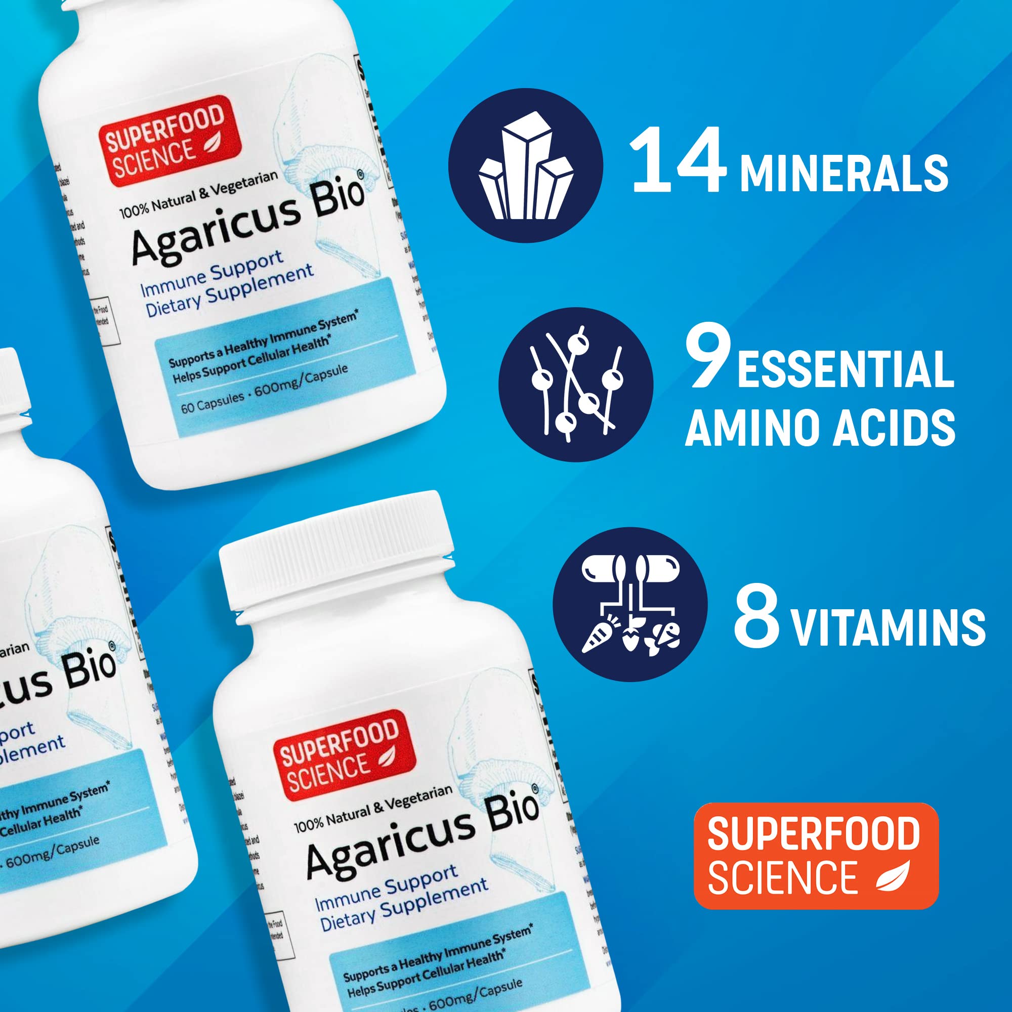 Superfood Science agaricus bio etiqueta con información de ingredientes y beneficios claros
