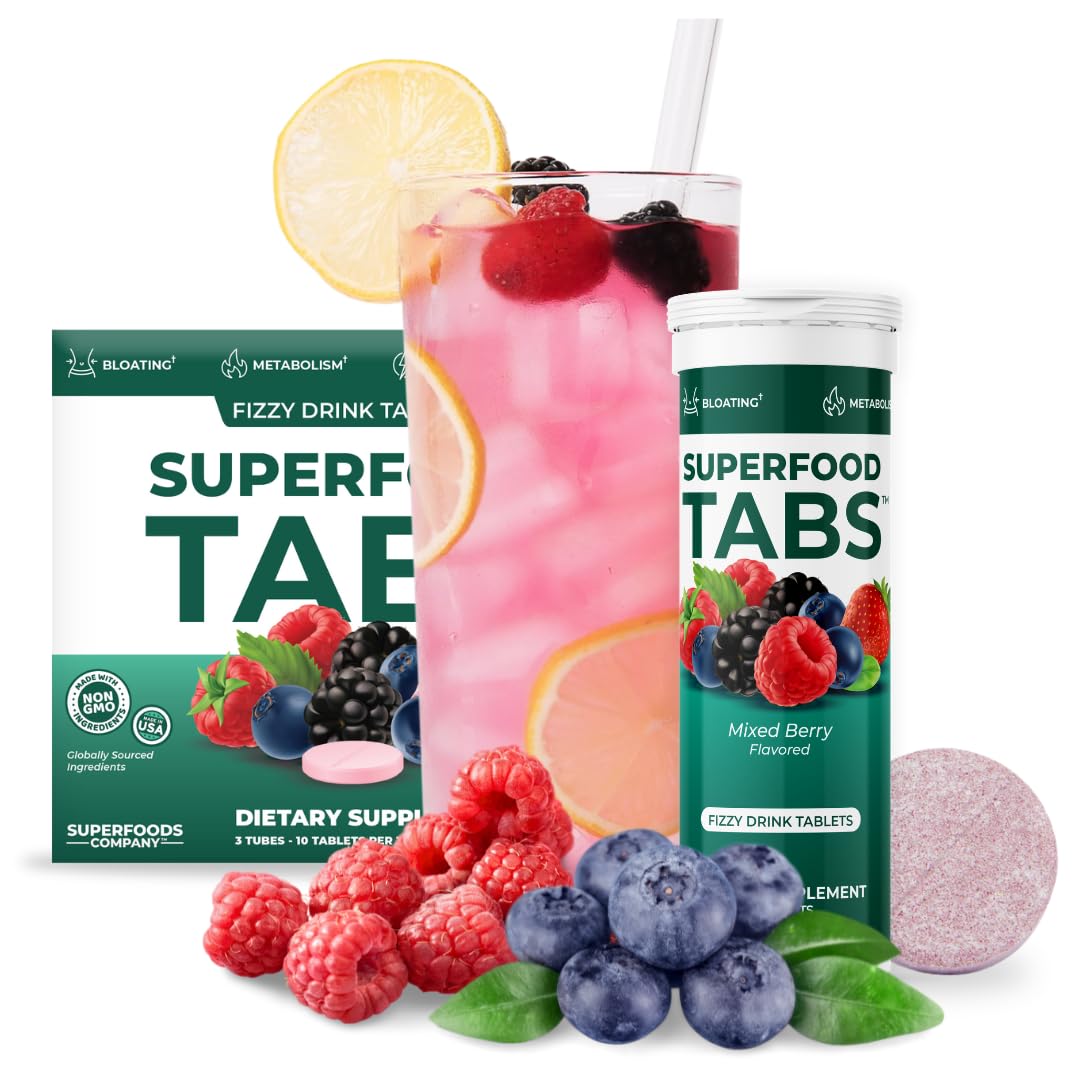 Superfood Tabs etiqueta con ingredientes y certificaciones claras