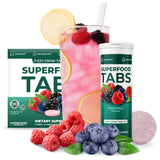Superfood Tabs etiqueta con ingredientes y certificaciones claras