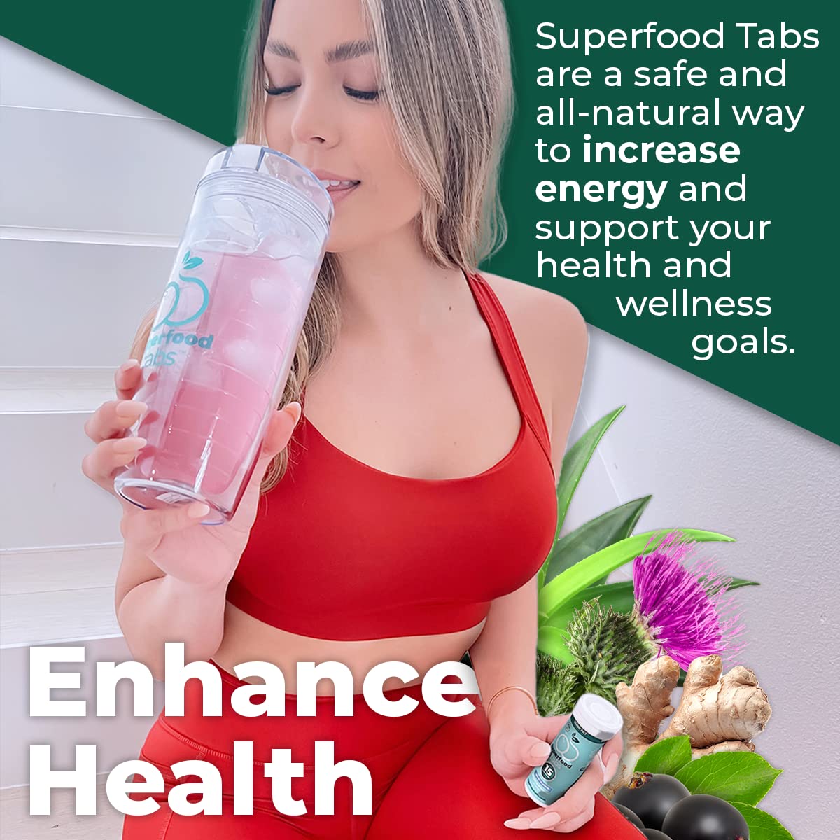 Superfood Tabs visual de 15 superalimentos, mezcla completa y vegetal