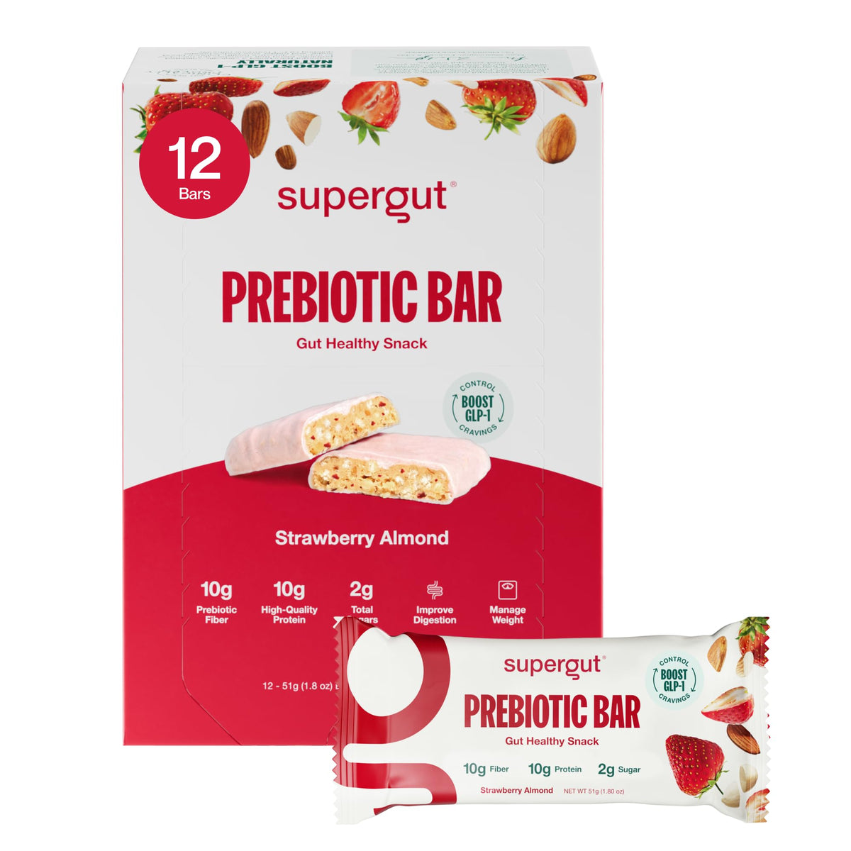 Supergut frente del empaque mostrando sabor fresa almendra y beneficios