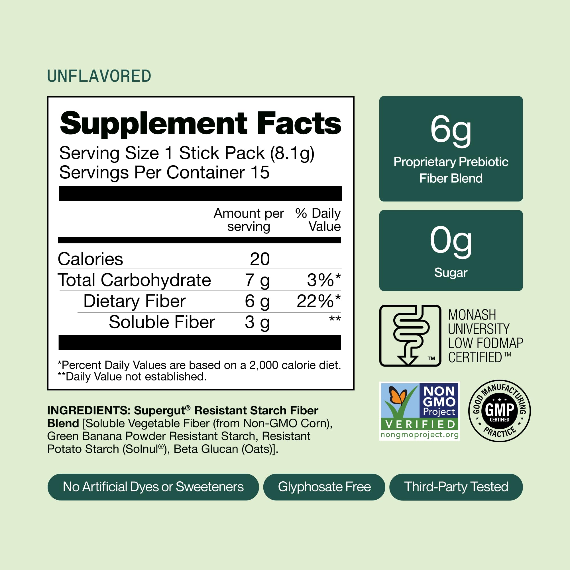 Supergut empaque lateral con información nutricional visible, beneficio claridad