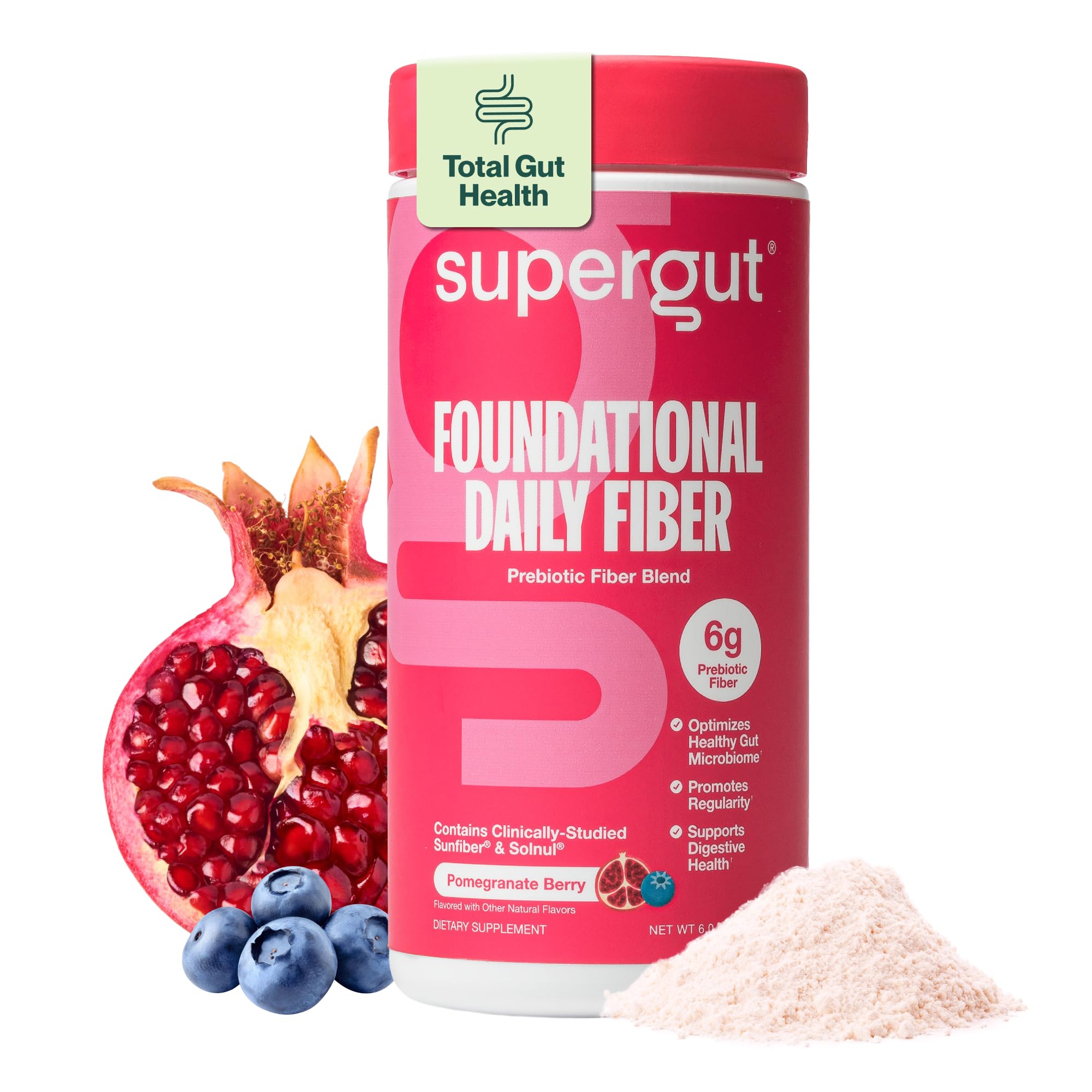 Supergut envase frontal pomegranate berry, presenta beneficios prebióticos