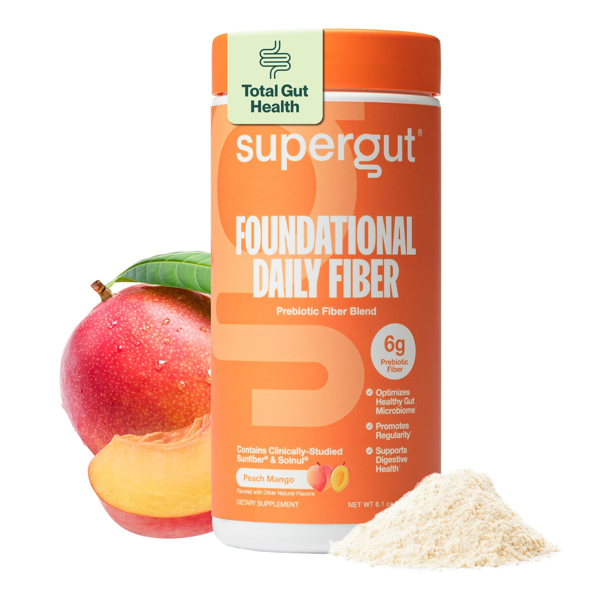 Supergut envase frontal mostrando sabor durazno mango y beneficio de fibra rápida
