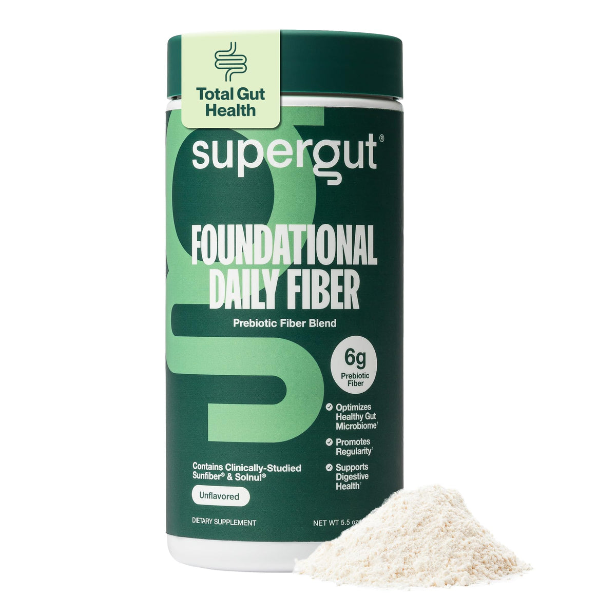 Supergut envase frontal mostrando etiqueta y 20 servicios, conveniencia diaria