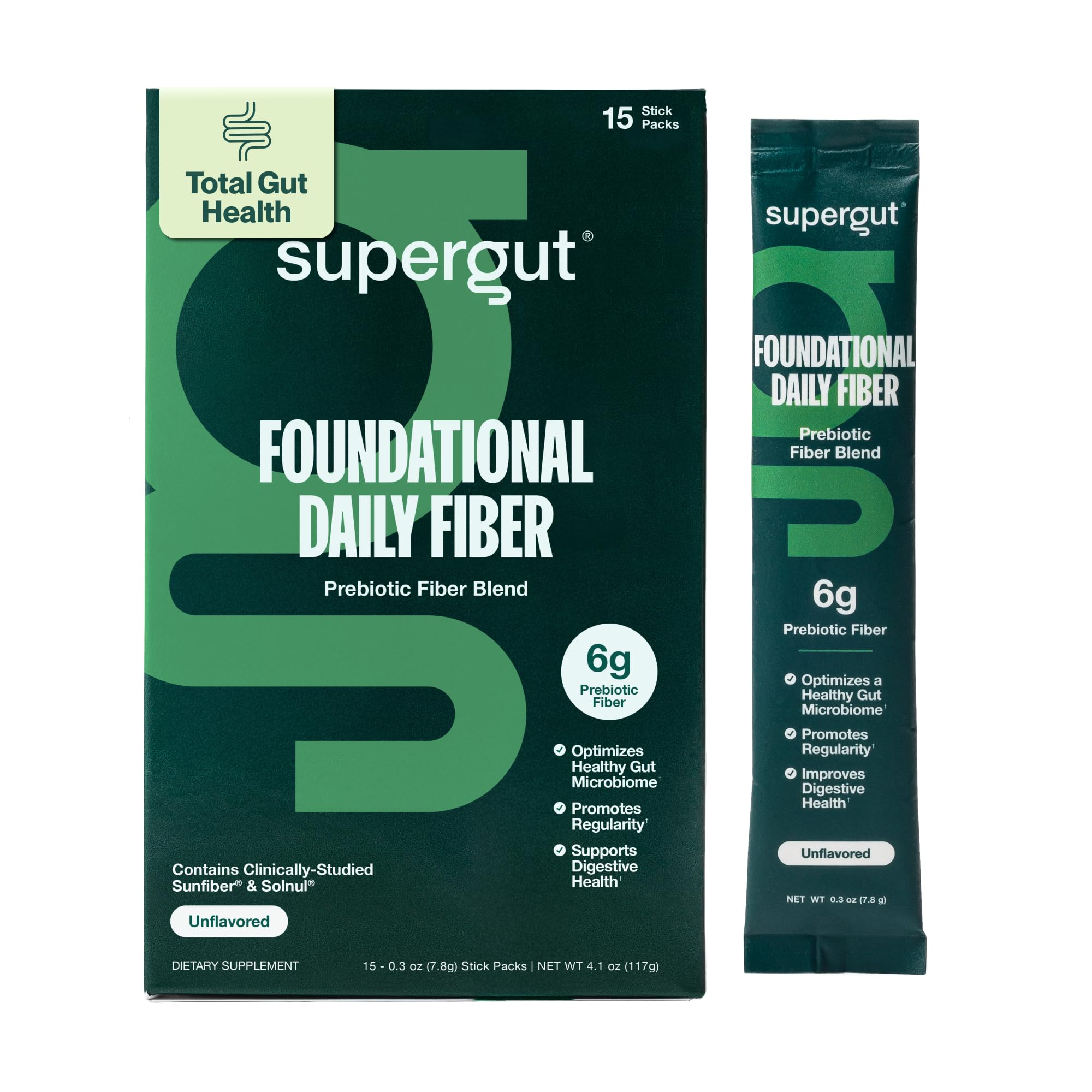 Supergut frontal del paquete mostrando 15 stick packs y beneficios