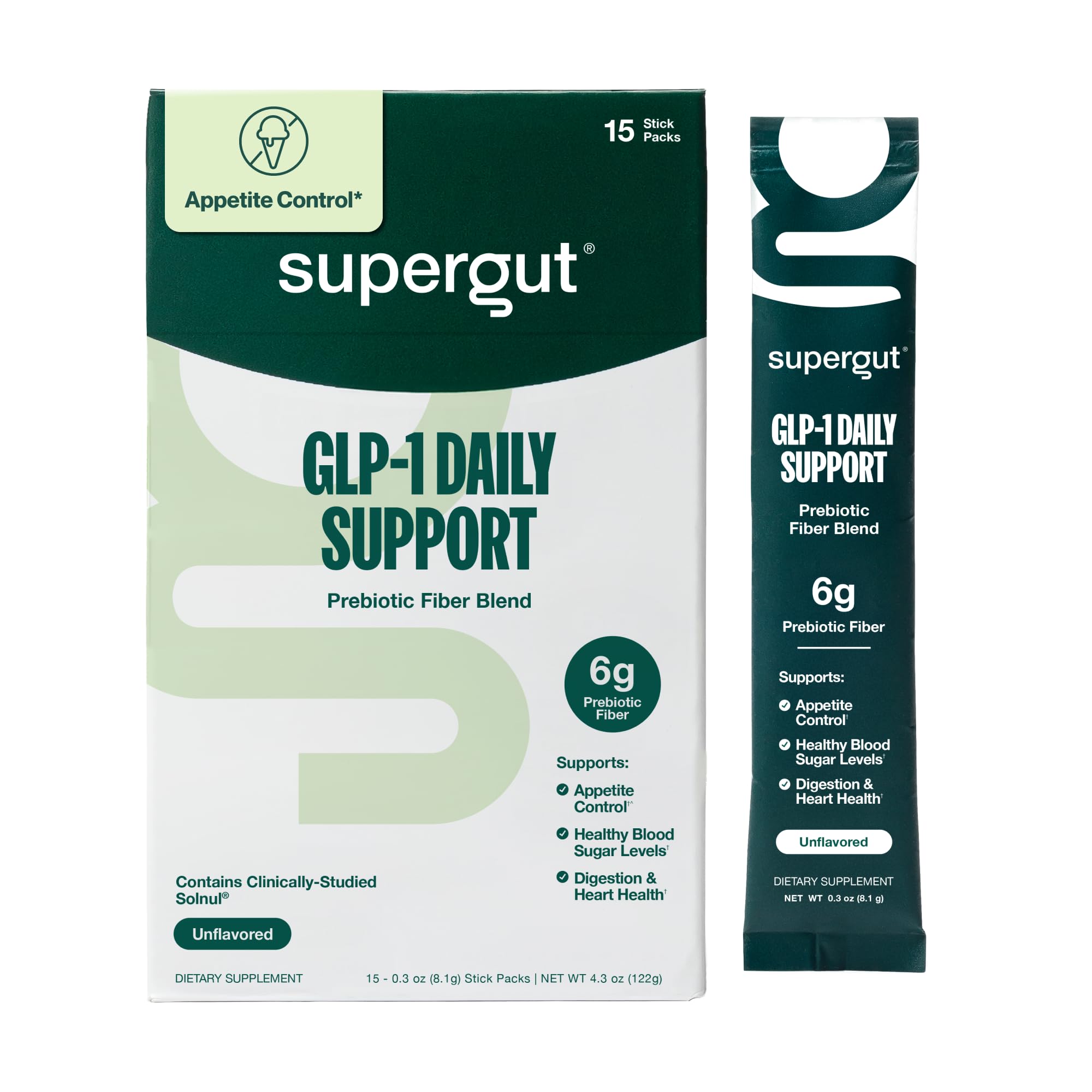 Supergut presentación frontal mostrando caja y sobres, beneficio portabilidad