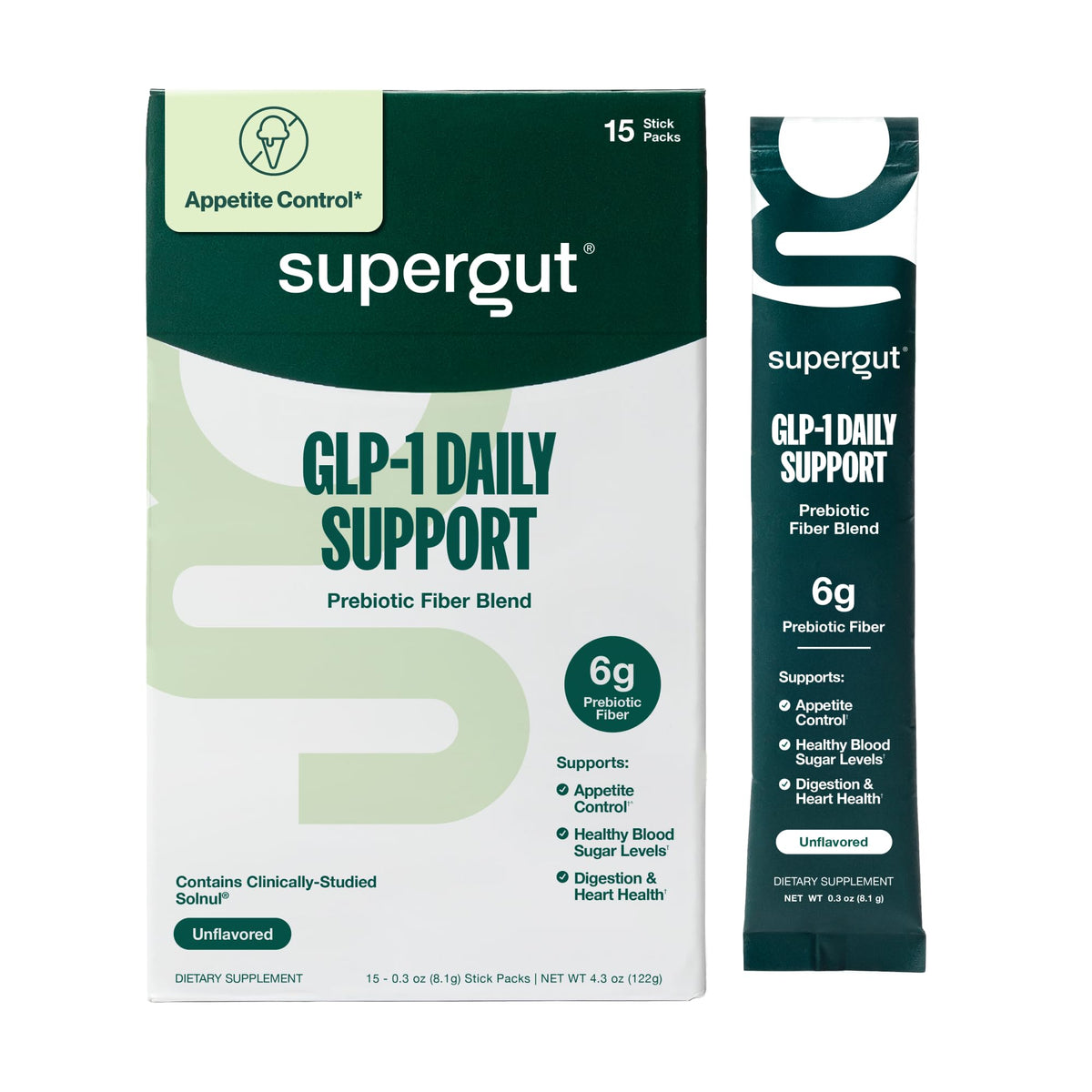 Supergut presentación frontal mostrando caja y sobres, beneficio portabilidad