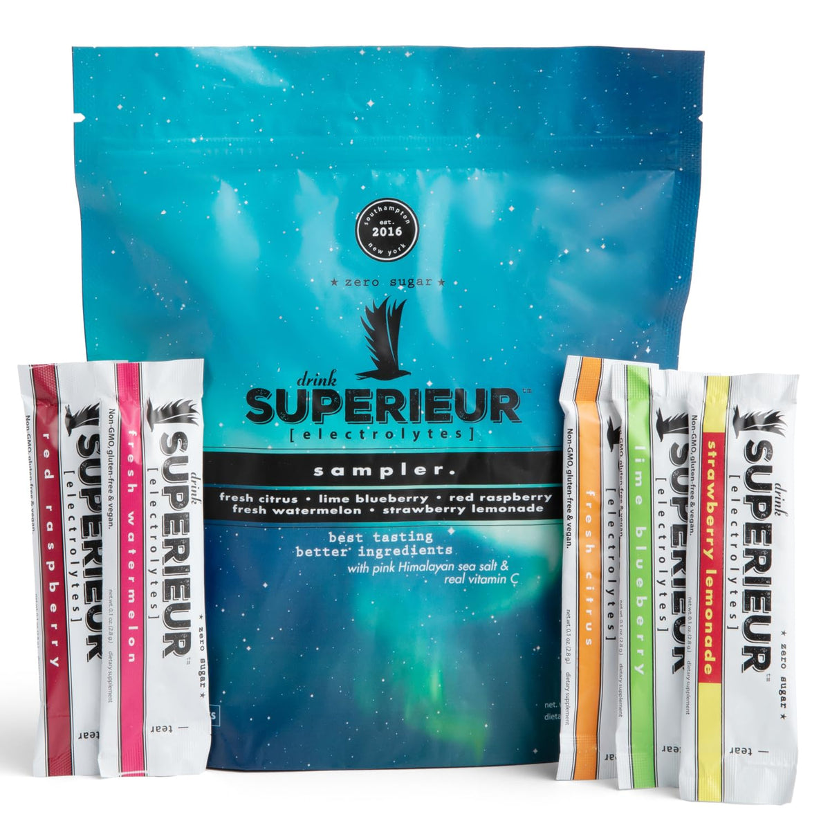 Superieur frente del pack con sobres y sabores visibles, hidratación natural