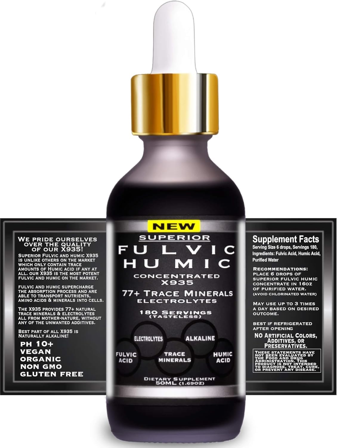 SUPERIOR FULVIC HUMIC X935 botella junto a regla, muestra tamaño y duración