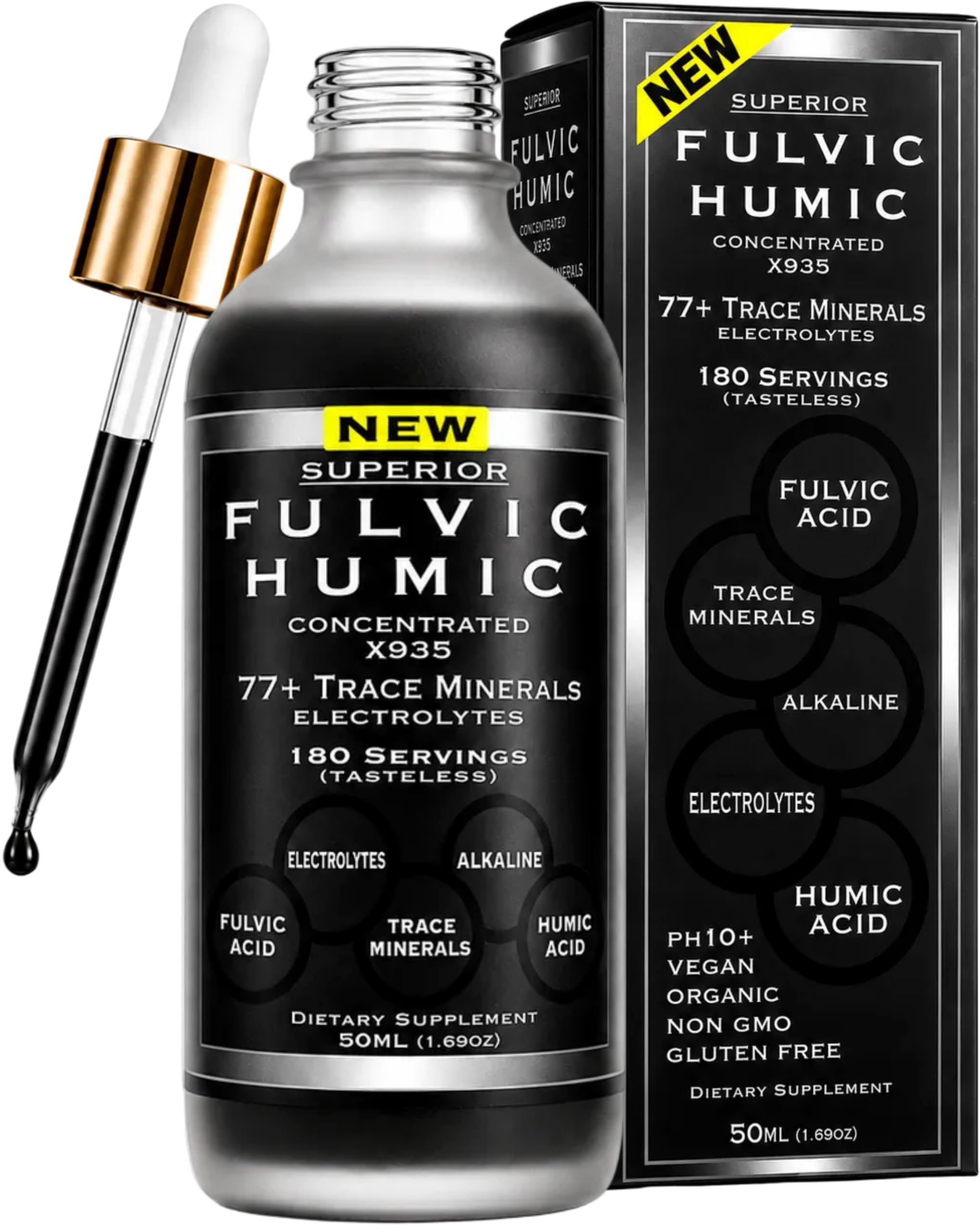 SUPERIOR FULVIC HUMIC X935 frasco frontal, presentación clara y confianza