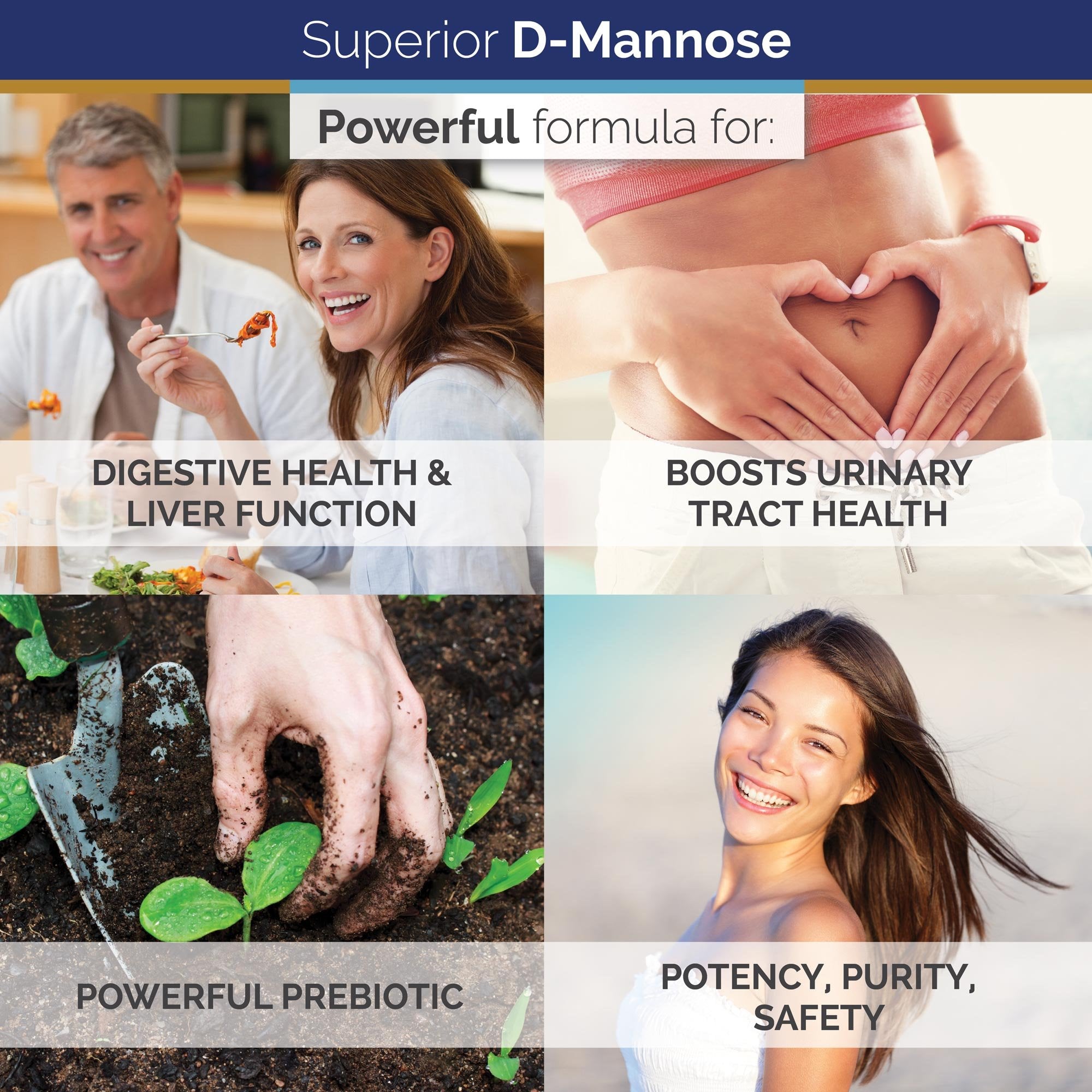 Superior Labs primer plano del polvo de D‑Manosa, muestra textura pura