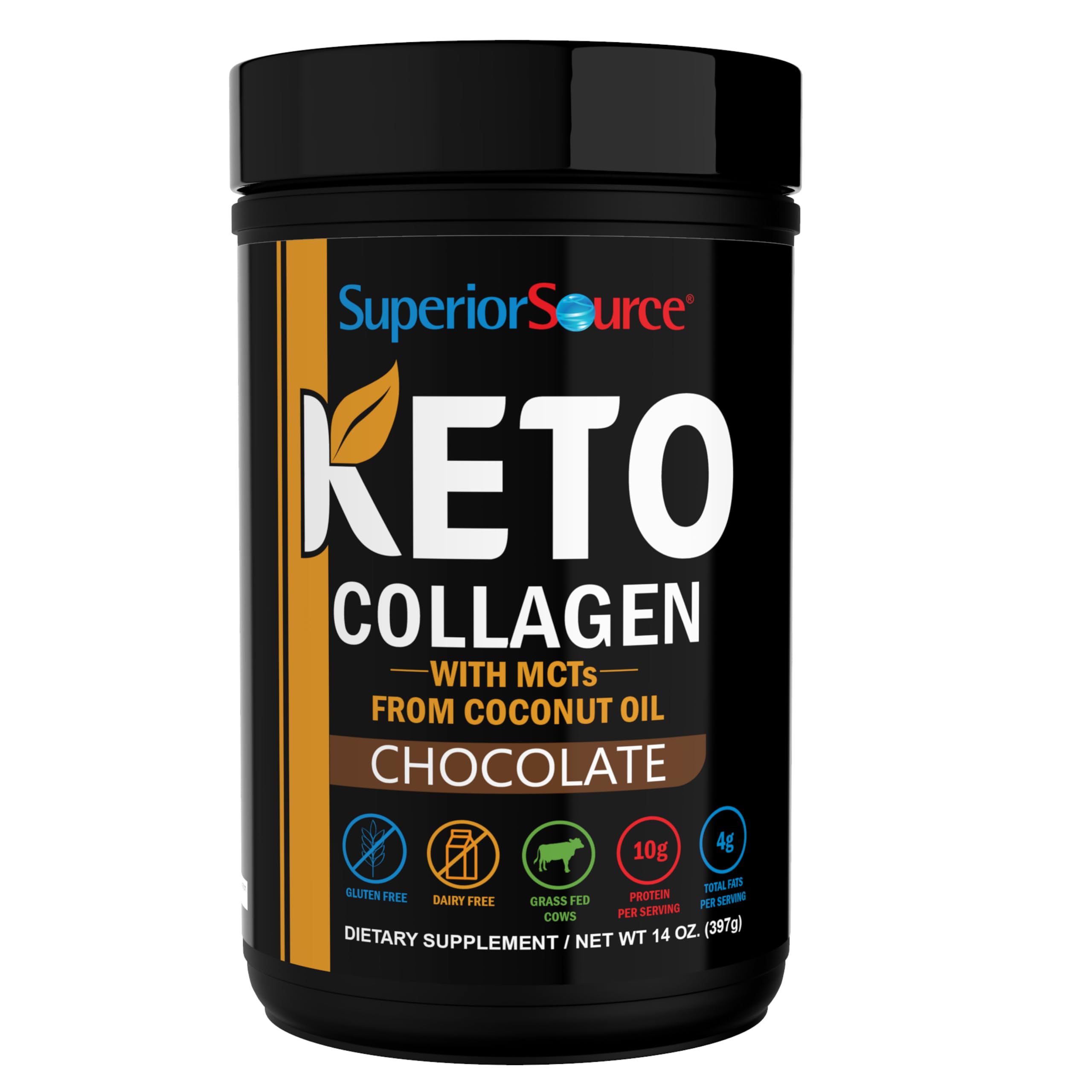 Superior Source envase frontal del Keto Collagen chocolate, presentación clara y beneficios visibles