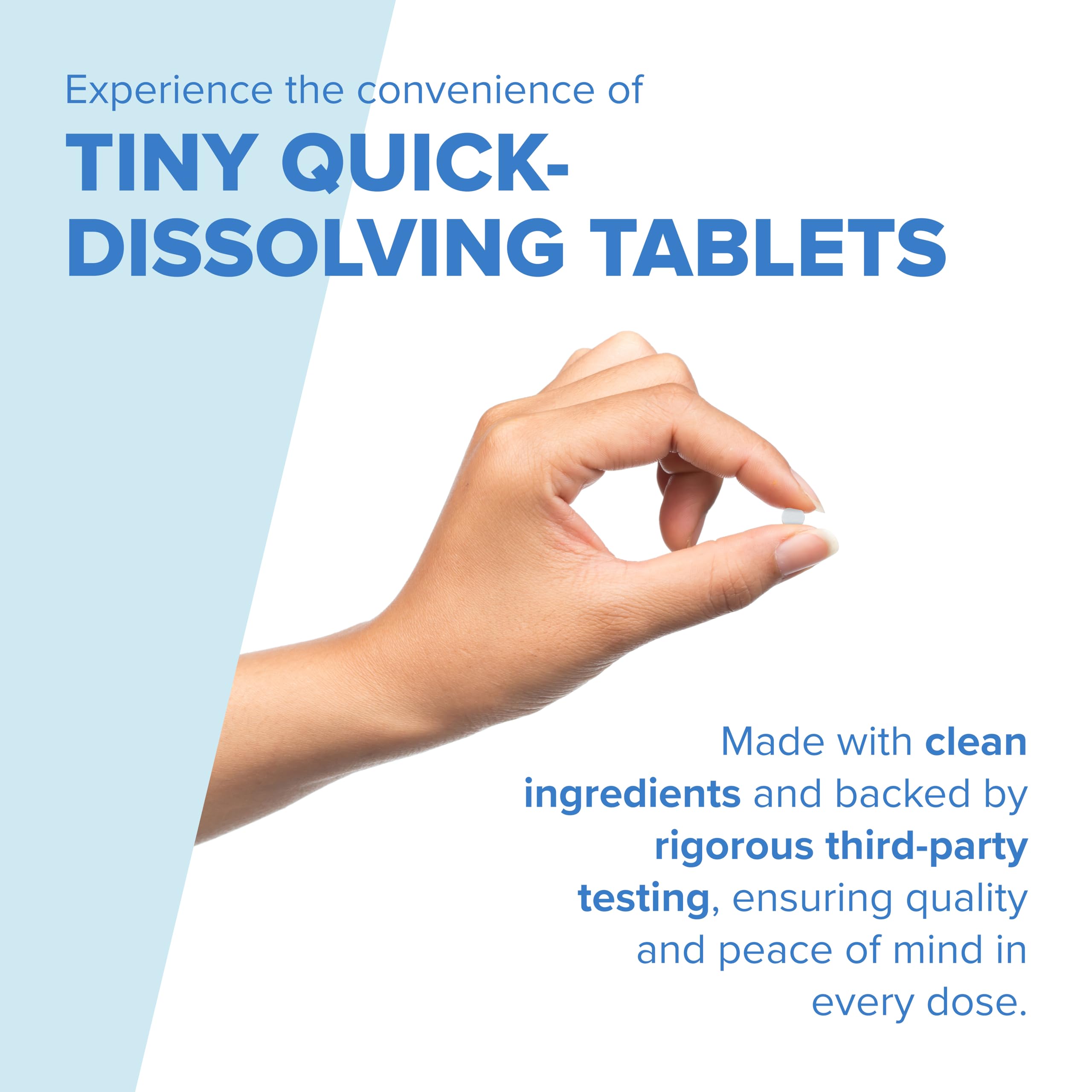 Superior Source tableta sublingual en la mano demostrando tamaño y uso práctico