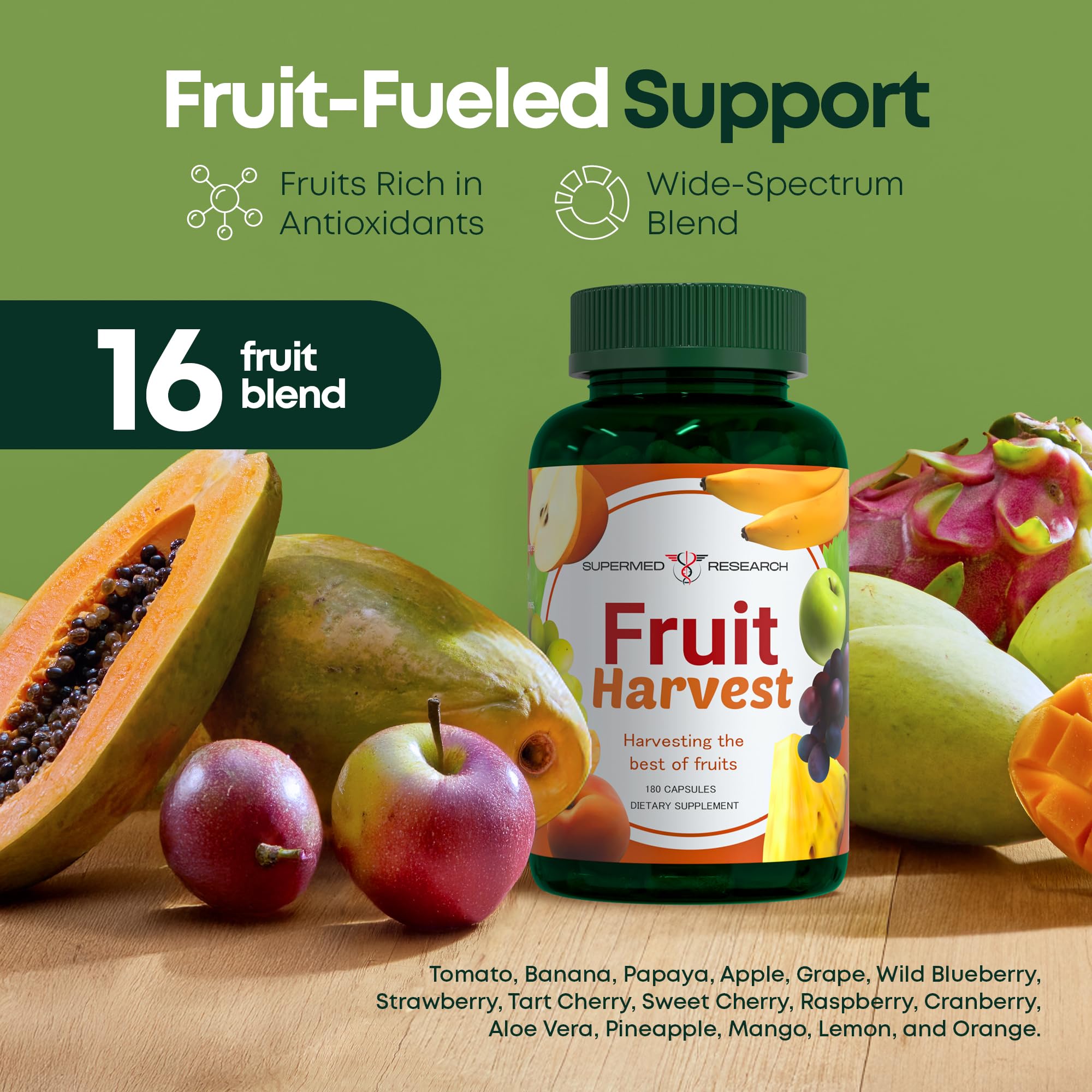 Supermed Research ingredientes vegetales en primer plano, destaca diversidad nutritiva