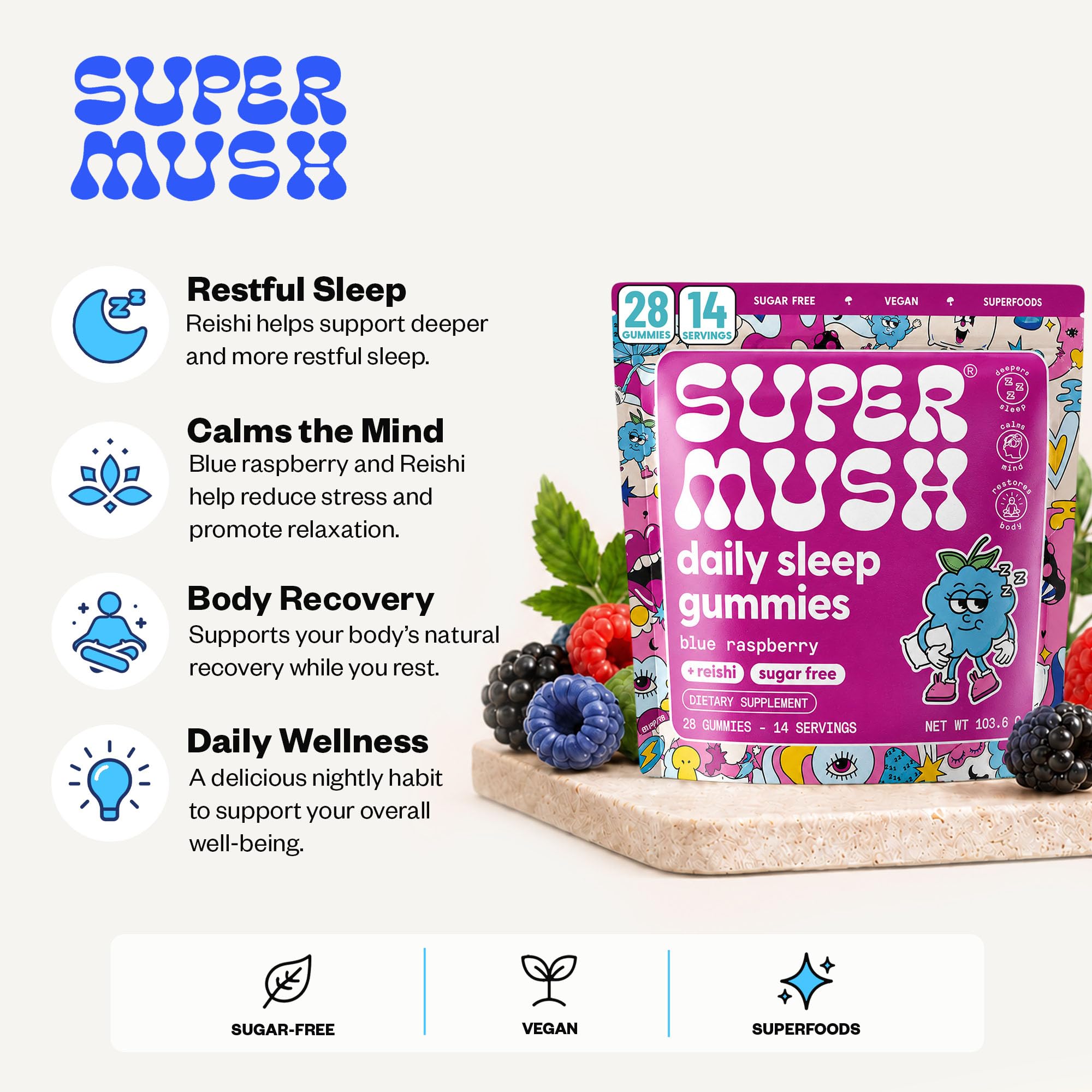 SuperMush etiqueta con información nutricional y dosificación clara