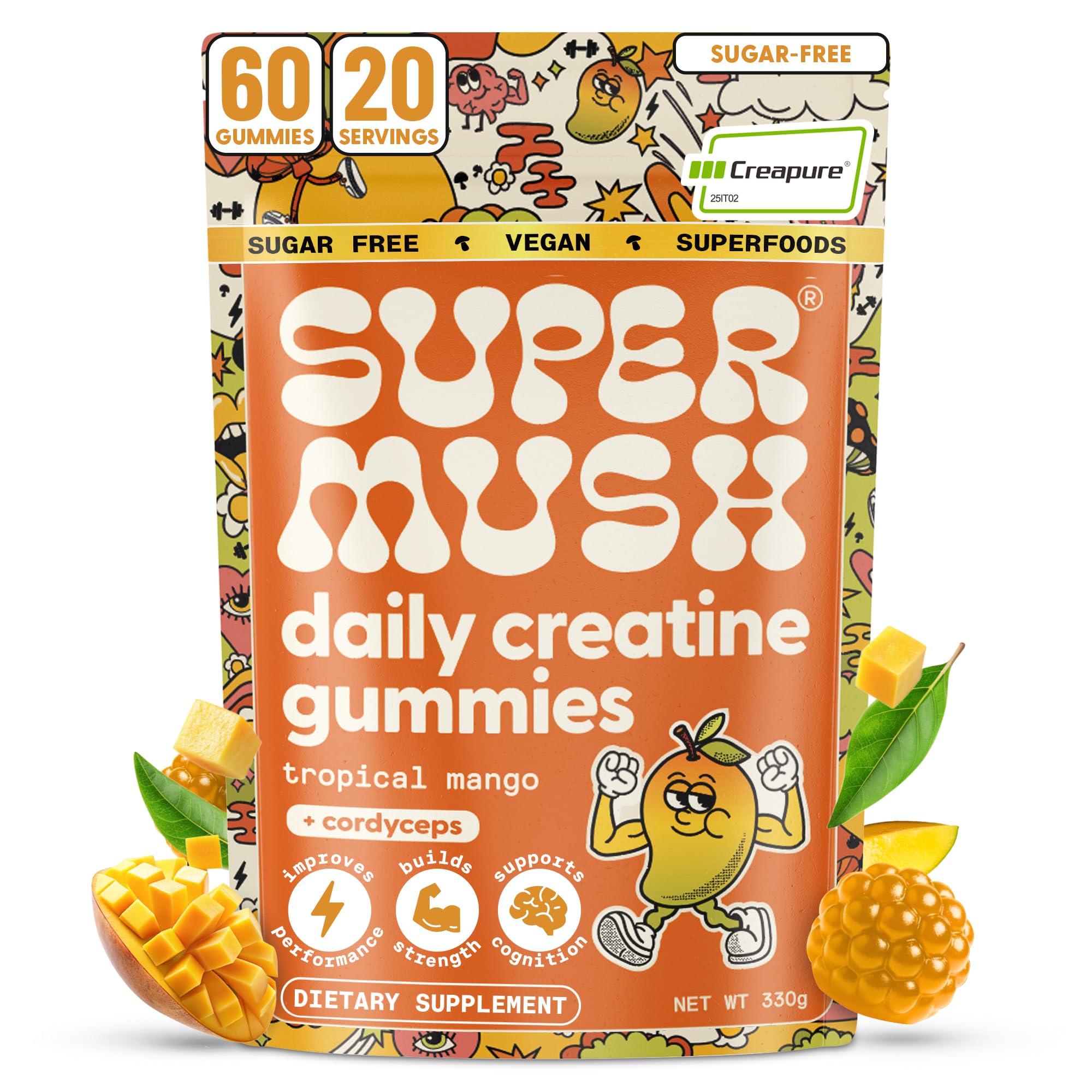 SuperMush envase delantero con gominolas mango, práctico y conveniente