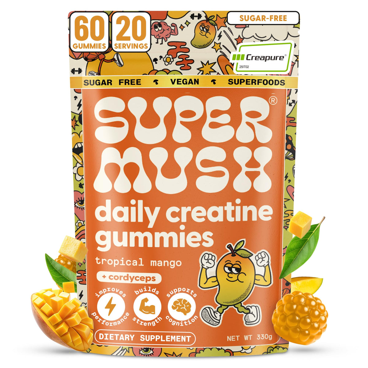 SuperMush envase delantero con gominolas mango, práctico y conveniente