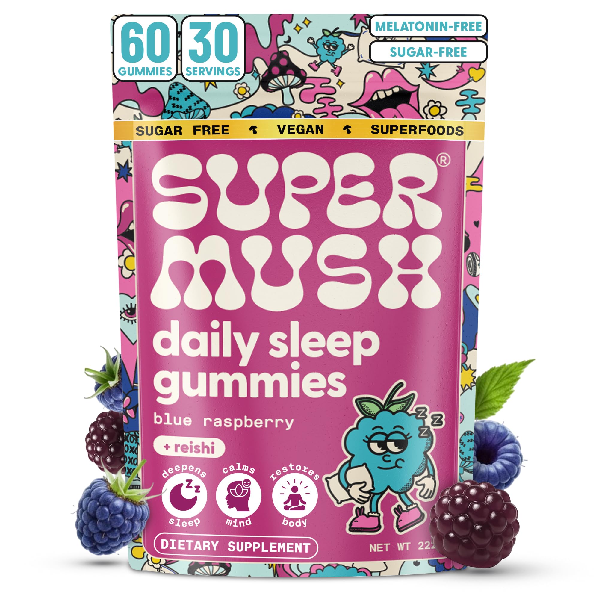 SuperMush frontal del envase mostrando gominolas y beneficio relajación
