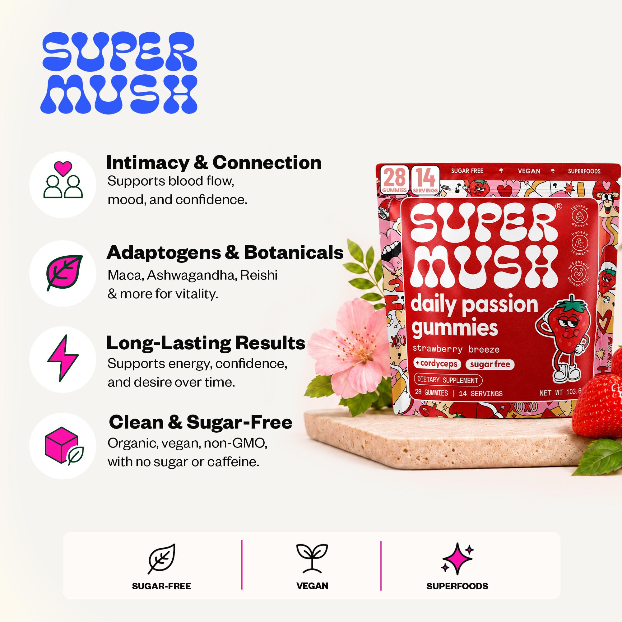 Ingredientes en primer plano: Maca, Cordyceps y Reishi de SuperMush, enfatizando naturalidad
