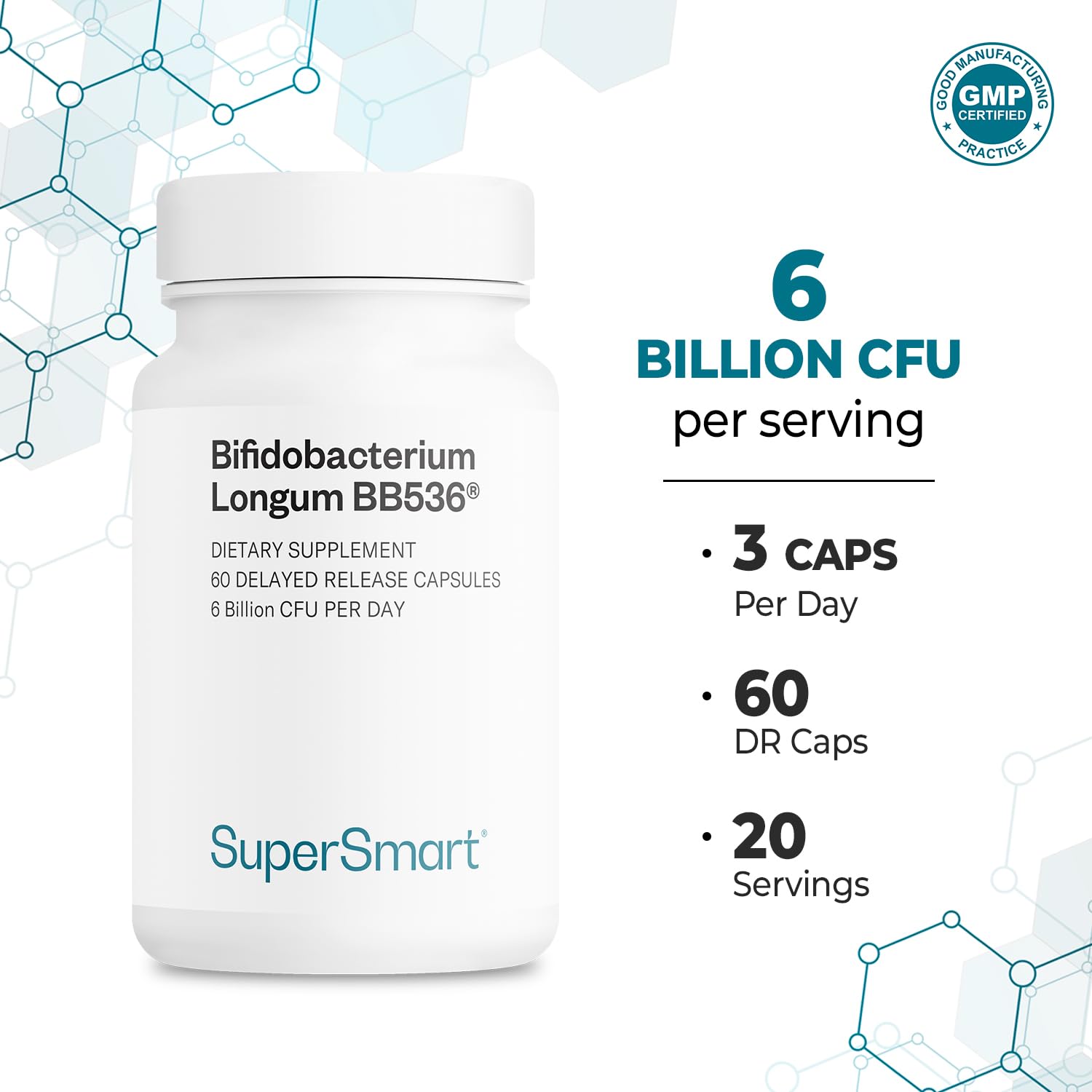 Supersmart BB536 cápsula en mano para comparar tamaño y facilidad de ingestión