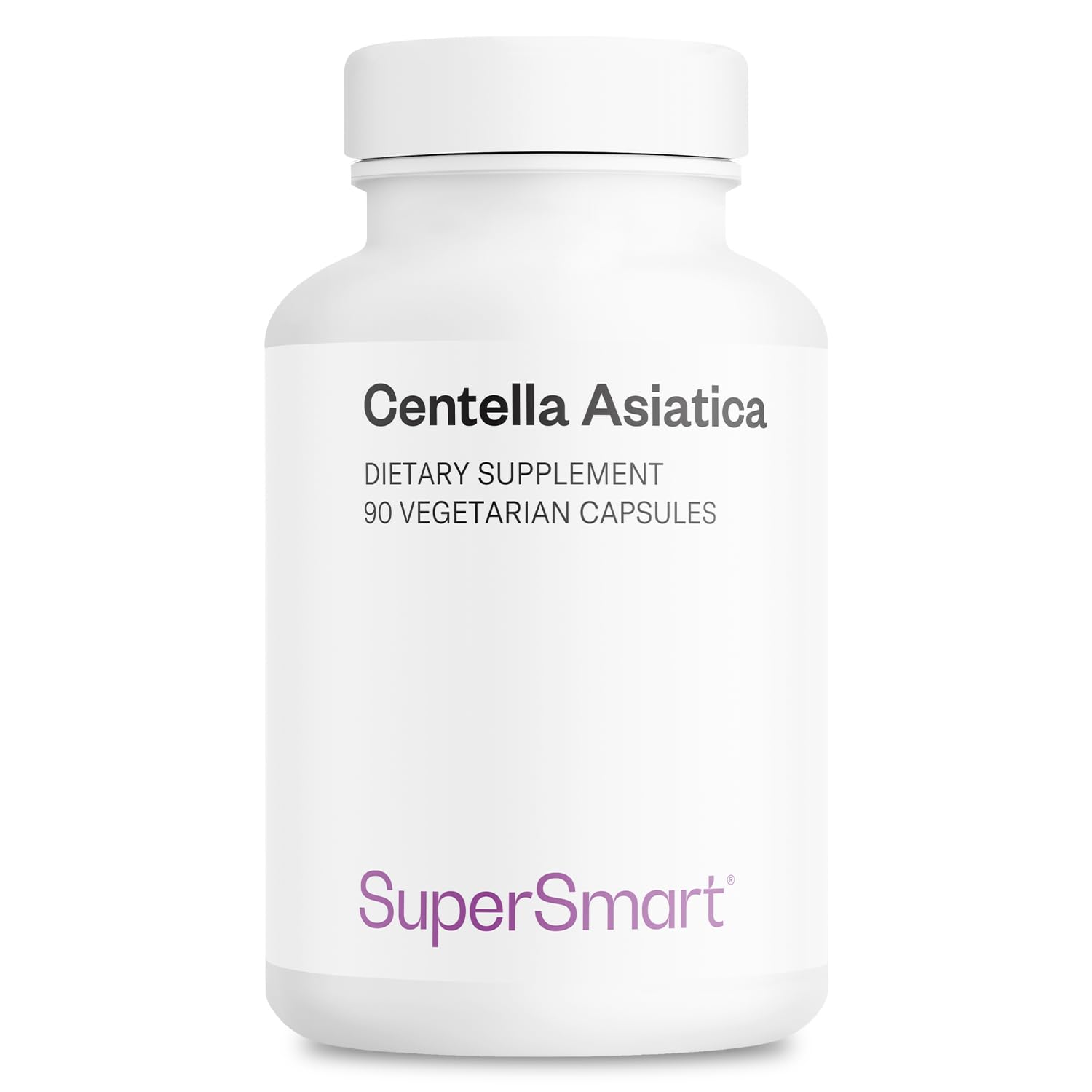 Supersmart frasco frontal de Centella asiatica mostrando etiqueta clara y beneficios