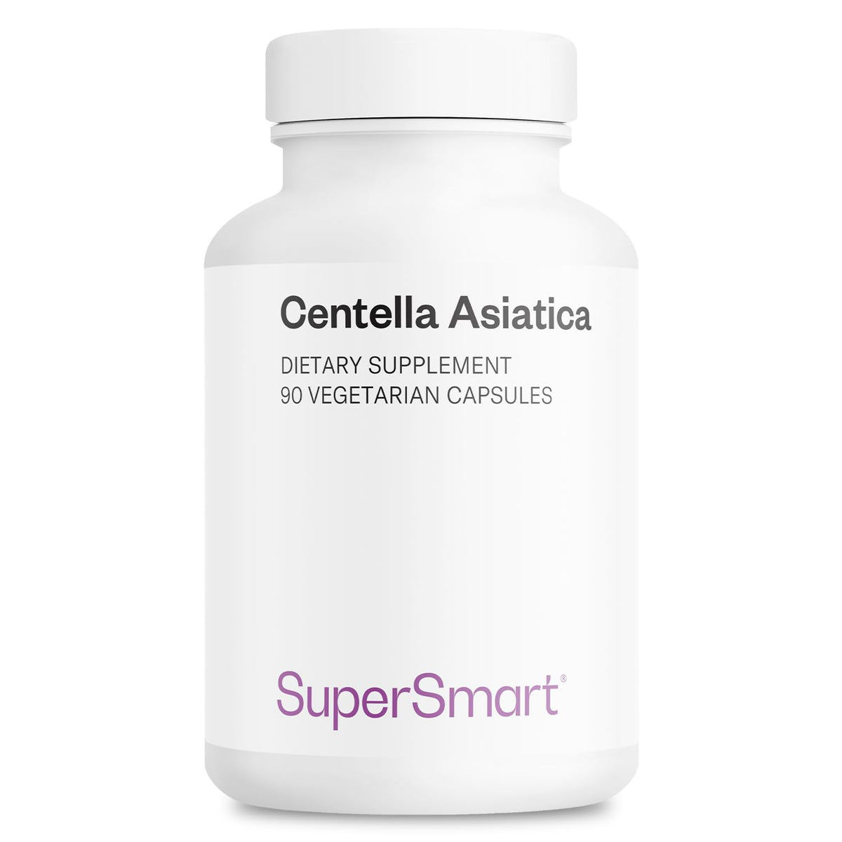 Supersmart frasco frontal de Centella asiatica mostrando etiqueta clara y beneficios