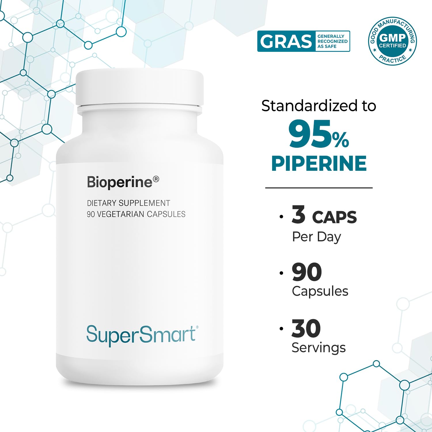 Supersmart etiqueta con información nutricional y concentración de piperina 95%