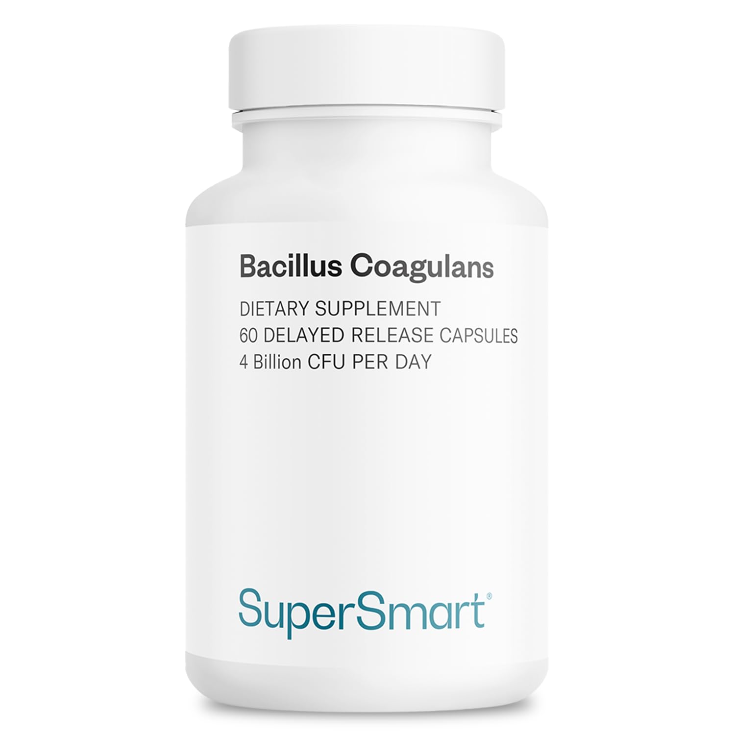 Supersmart frasco frontal Bacillus coagulans mostrando etiqueta clara para identificar producto