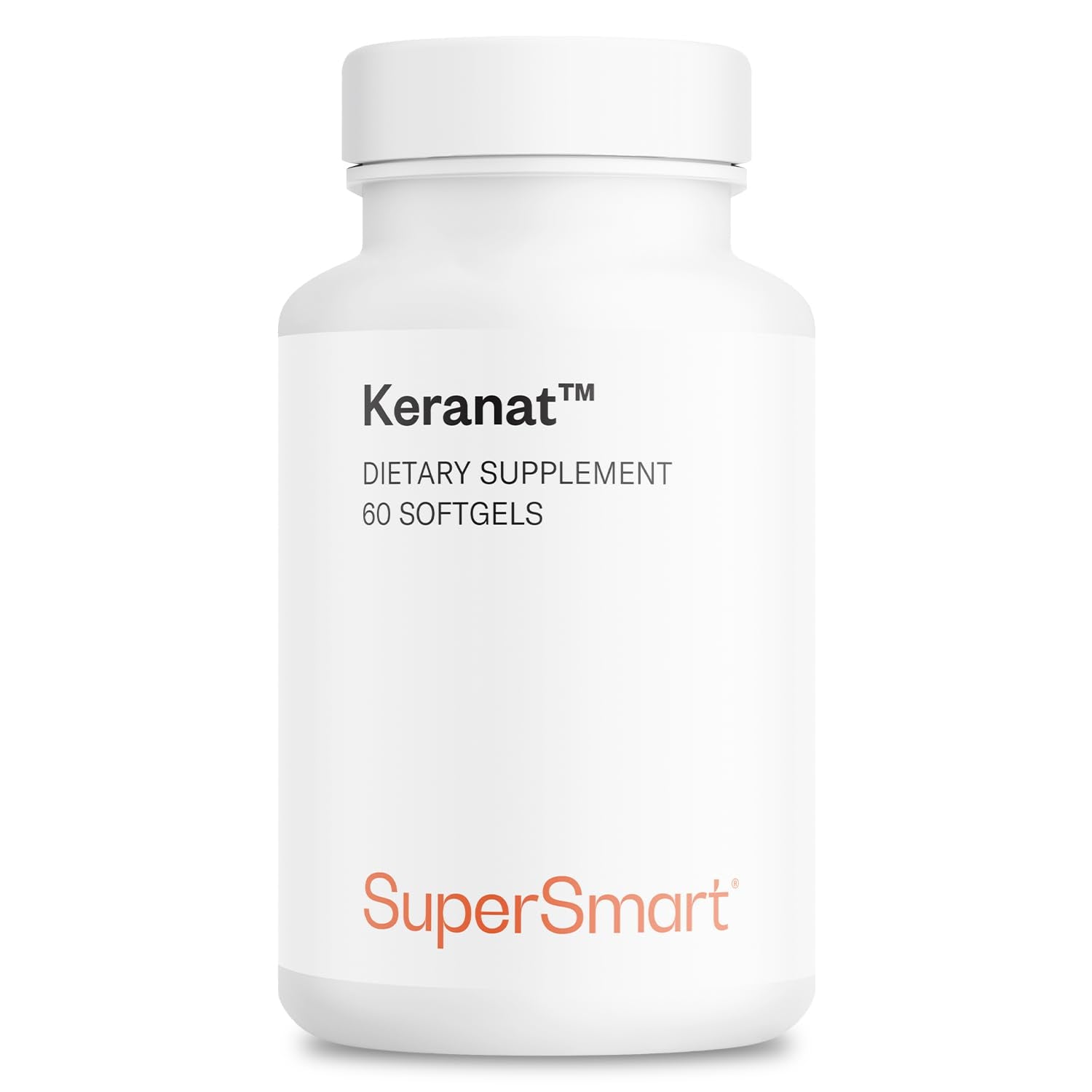 Supersmart Keranat frente del envase mostrando el diseño y cantidad de softgels, claridad visual