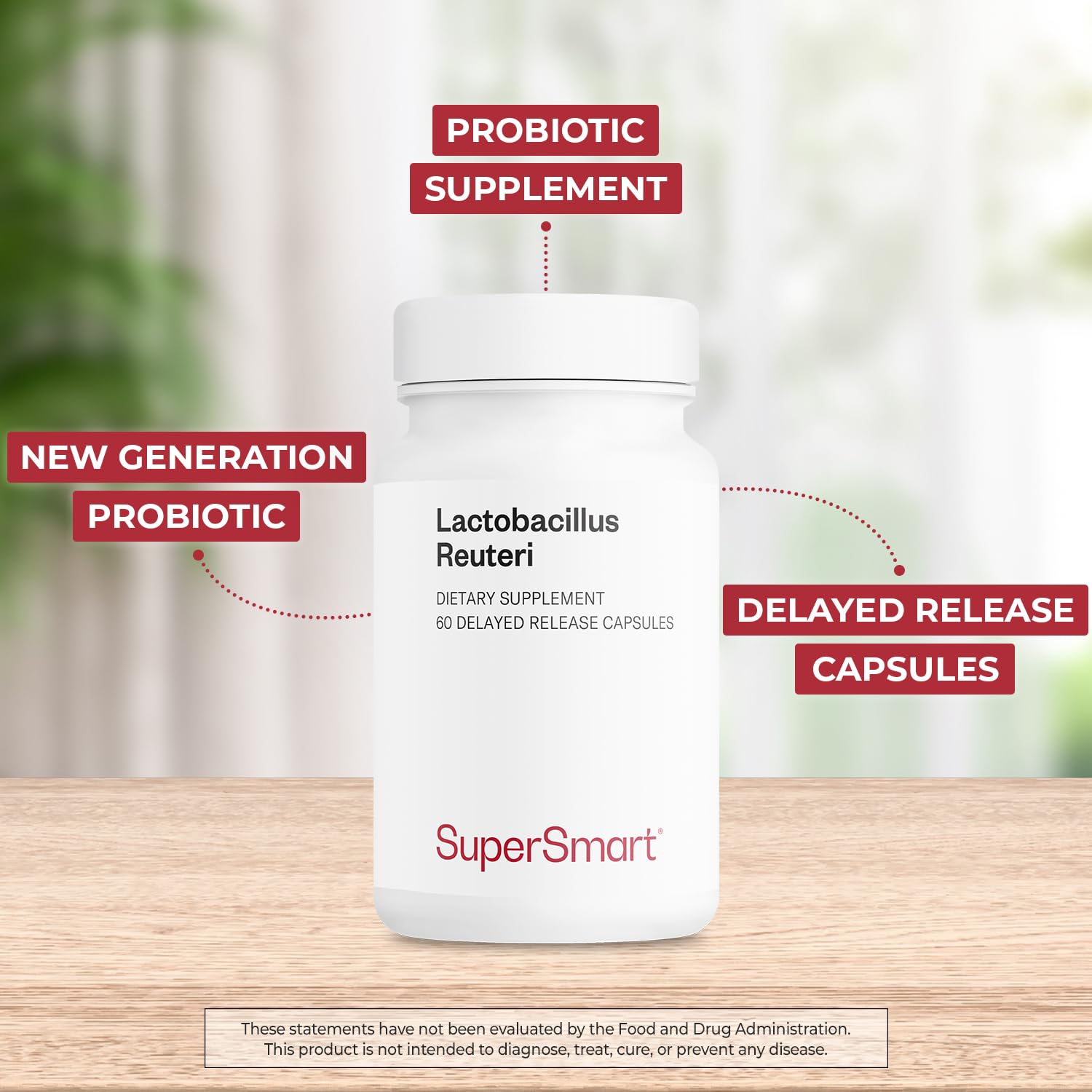 Detalle de cápsulas DR Supersmart Lactobacillus reuteri, enfoque en recubrimiento gastroresistente