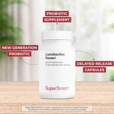 Detalle de cápsulas DR Supersmart Lactobacillus reuteri, enfoque en recubrimiento gastroresistente