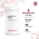 Etiqueta informativa de Supersmart Lactobacillus reuteri con ingredientes y recomendación de conservación clara